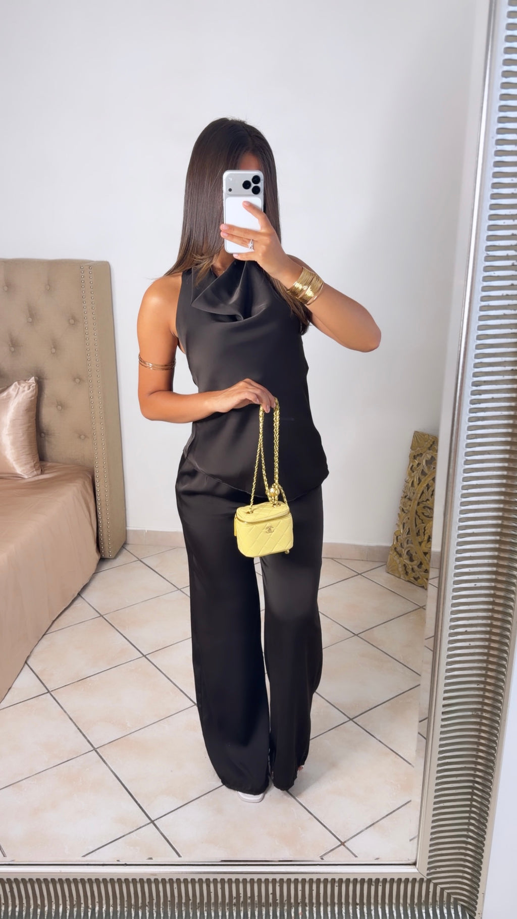 Ensemble col bénitier asymétrique et pantalon satiné [MARRON]