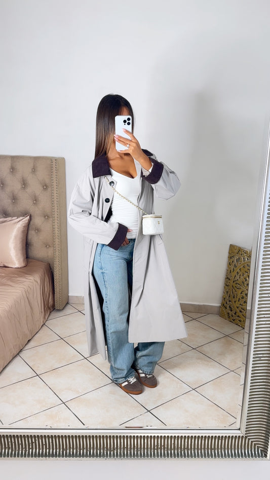 Trench long oversize à revers en daim marron [TAUPE]