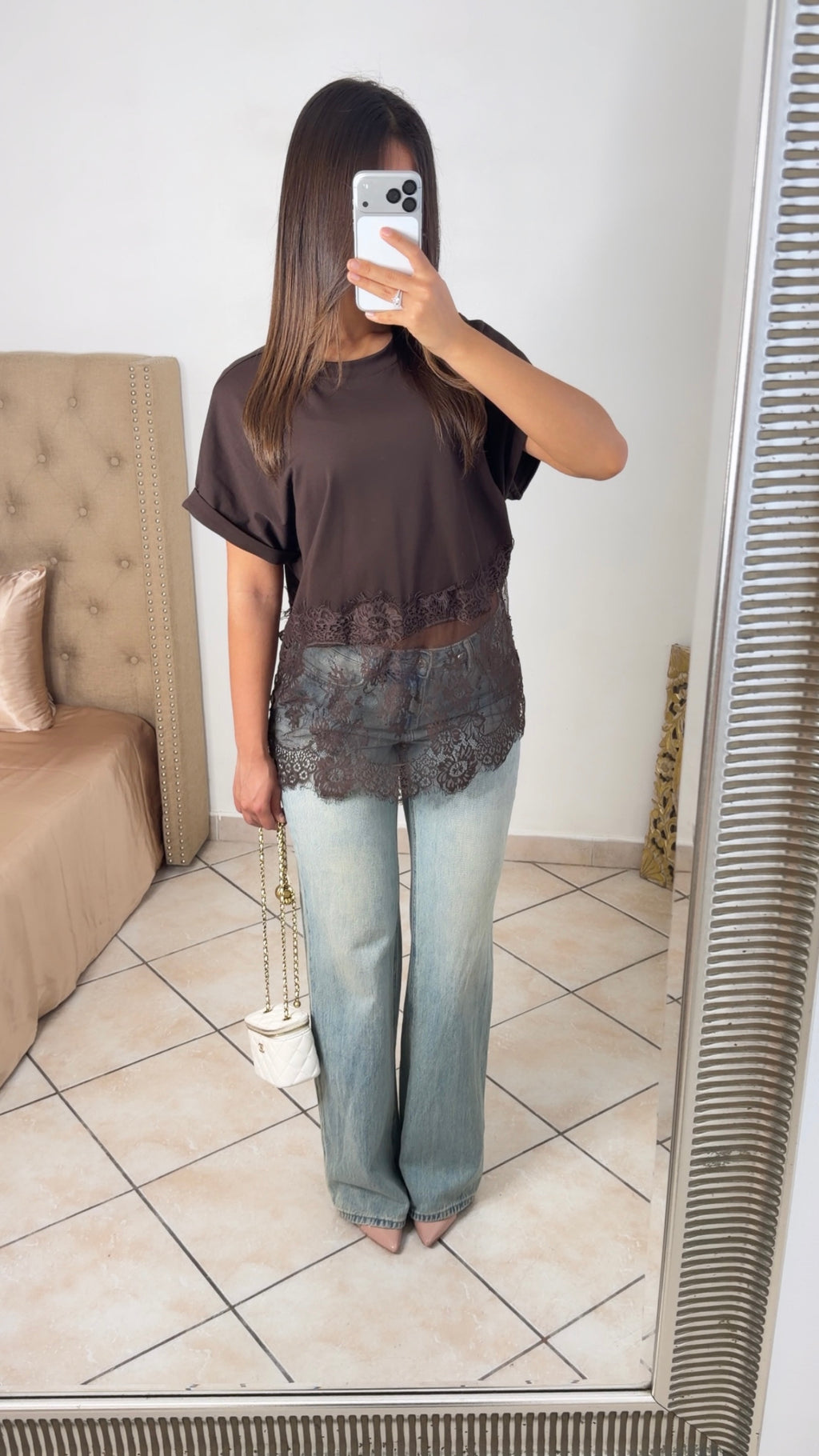 T-shirt bimatière en dentelle [MARRON]