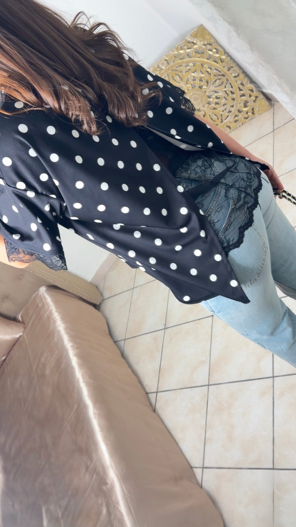 T-shirt dos en dentelle à pois [NOIR]