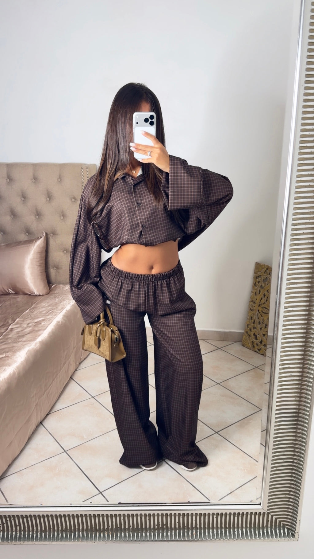 Ensemble chemise oversize longue à carreaux [MARRON]