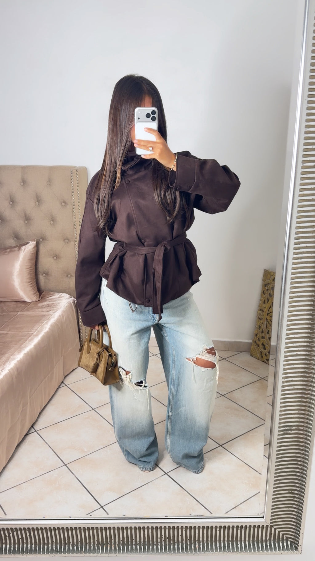Veste en daim structurée à la taille [MARRON]