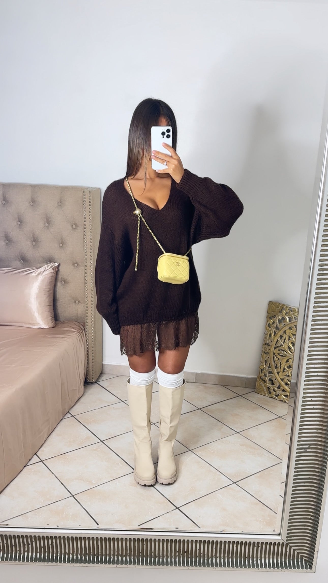 Robe pull en dentelle [MARRON]