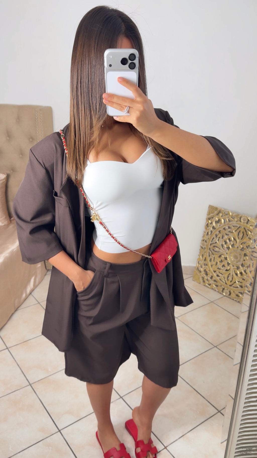 Ensemble blazer manches courtes et bermuda [MARRON]