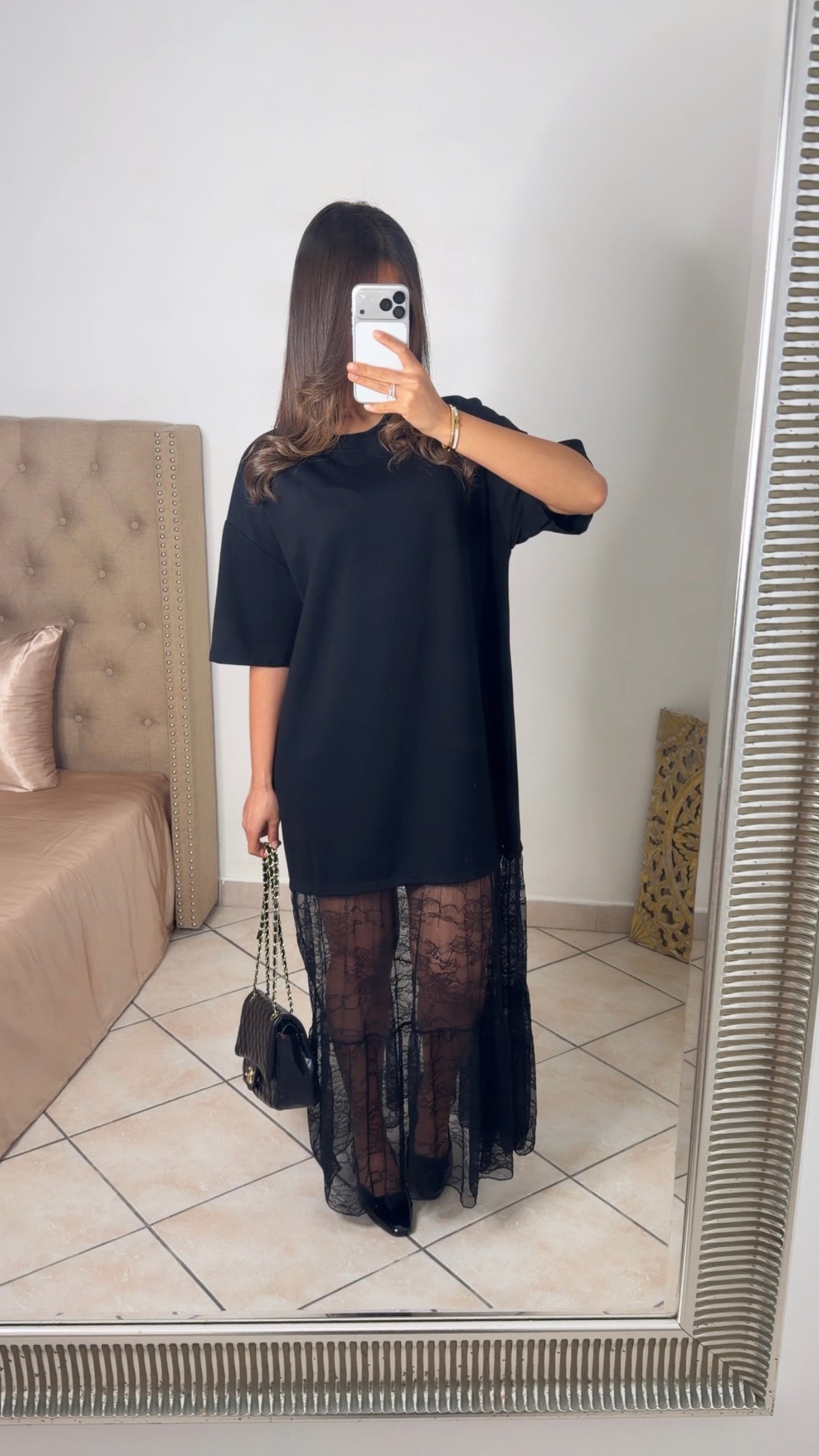 Robe t-shirt bimatière dentelle [NOIR]