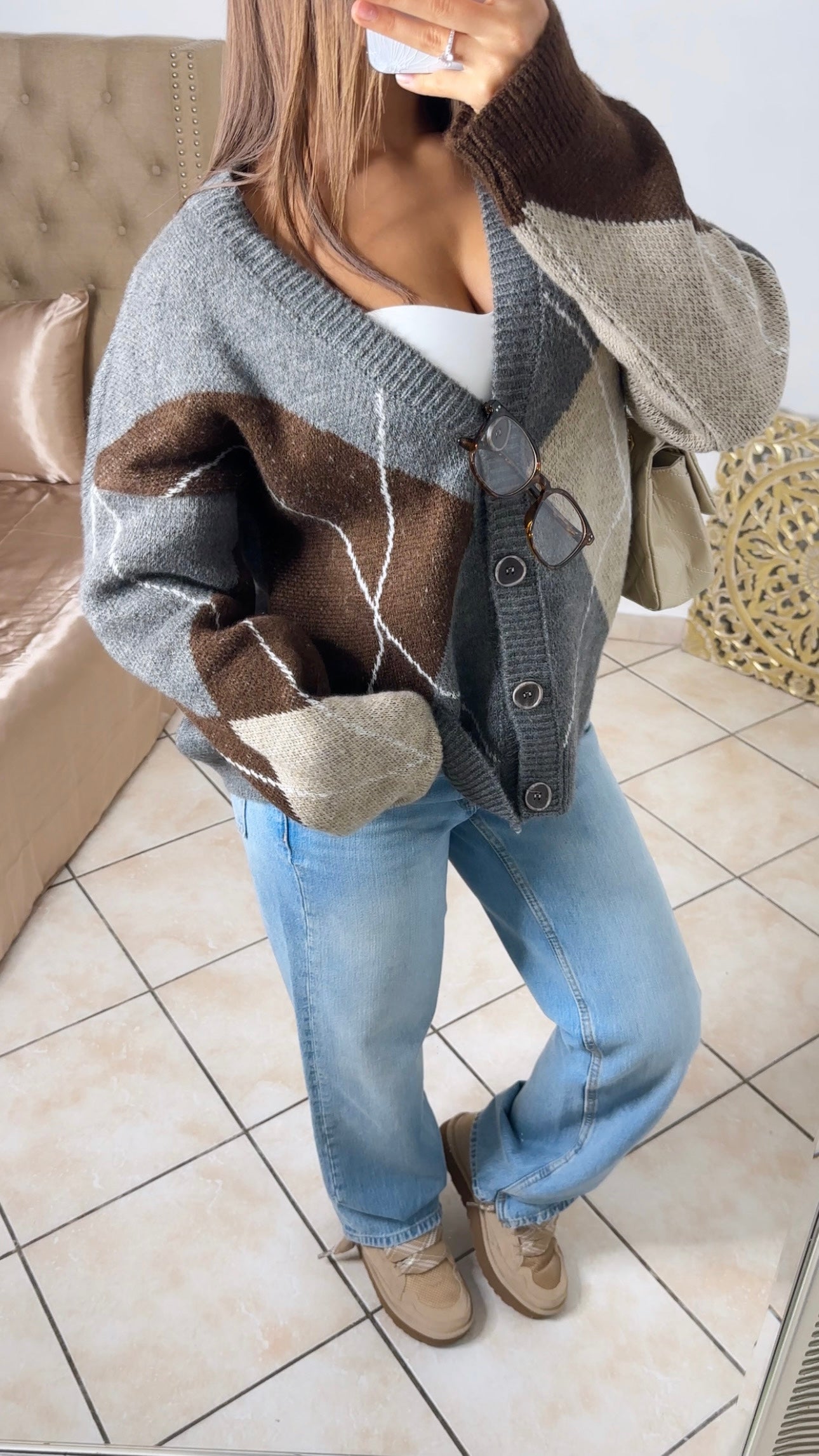 Cardigan à motifs losanges [GRIS]