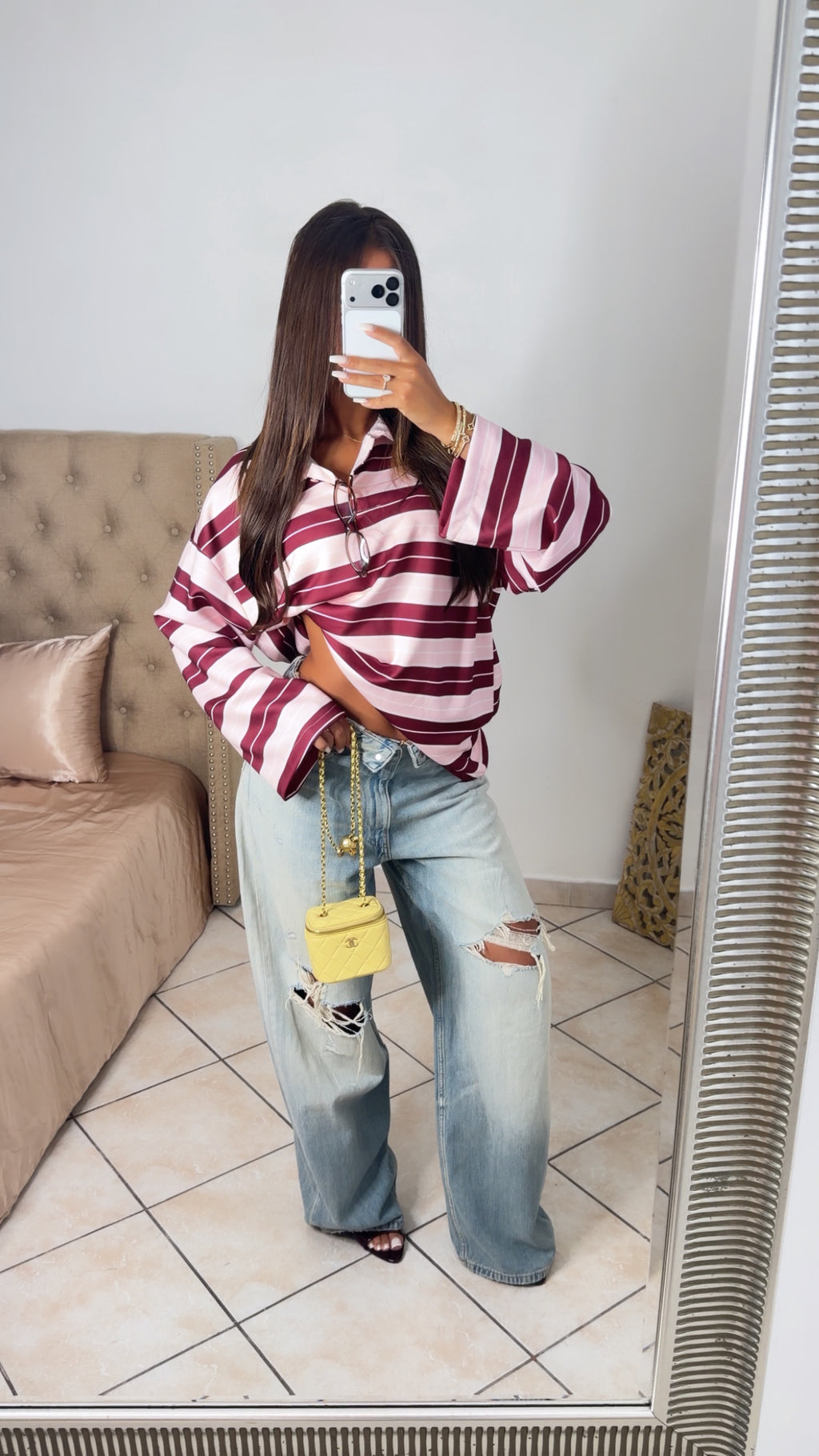 Pull oversize façon polo à rayures [PRUNE]