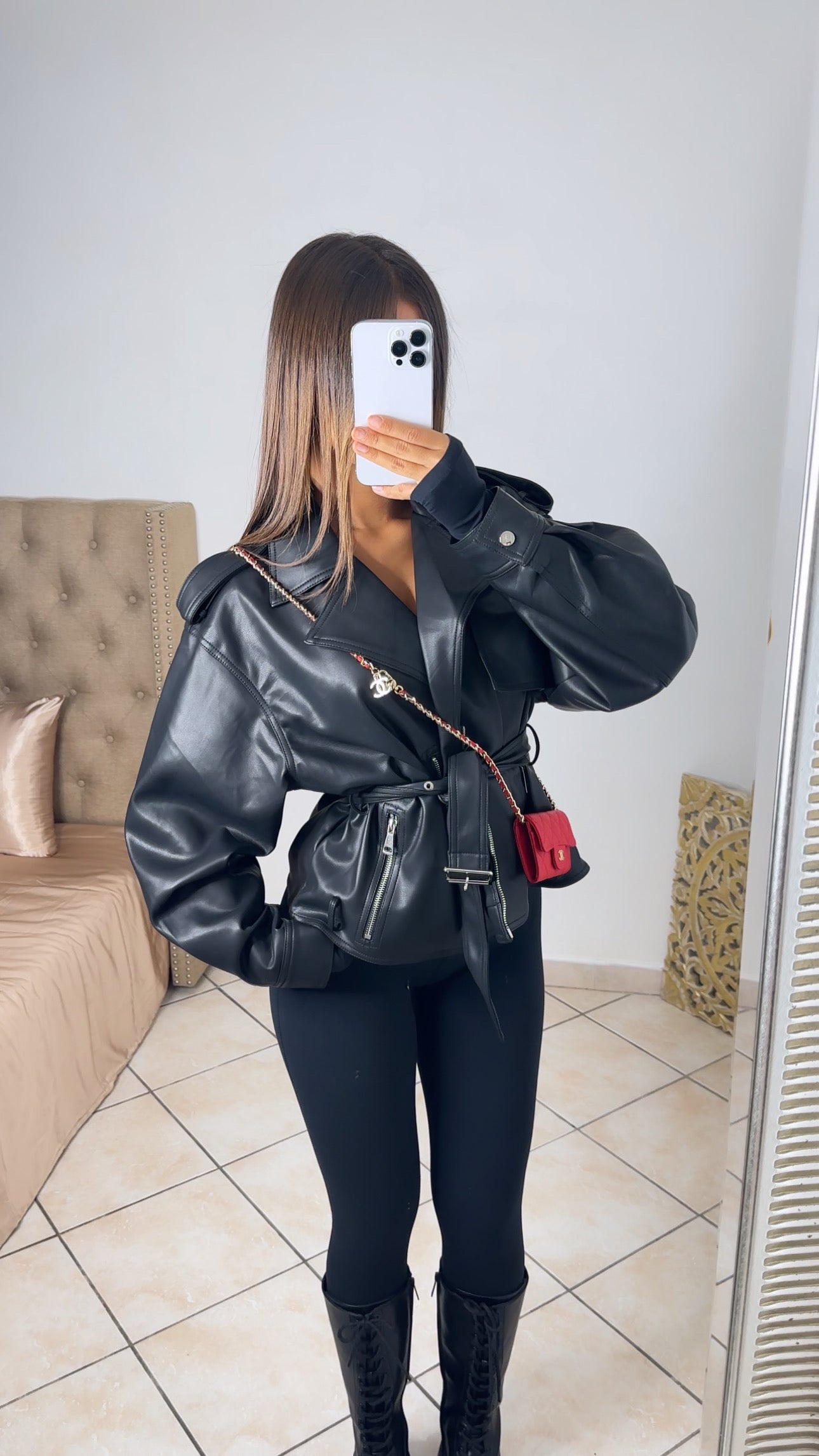 Veste oversize en similicuir à ceinture [NOIR]