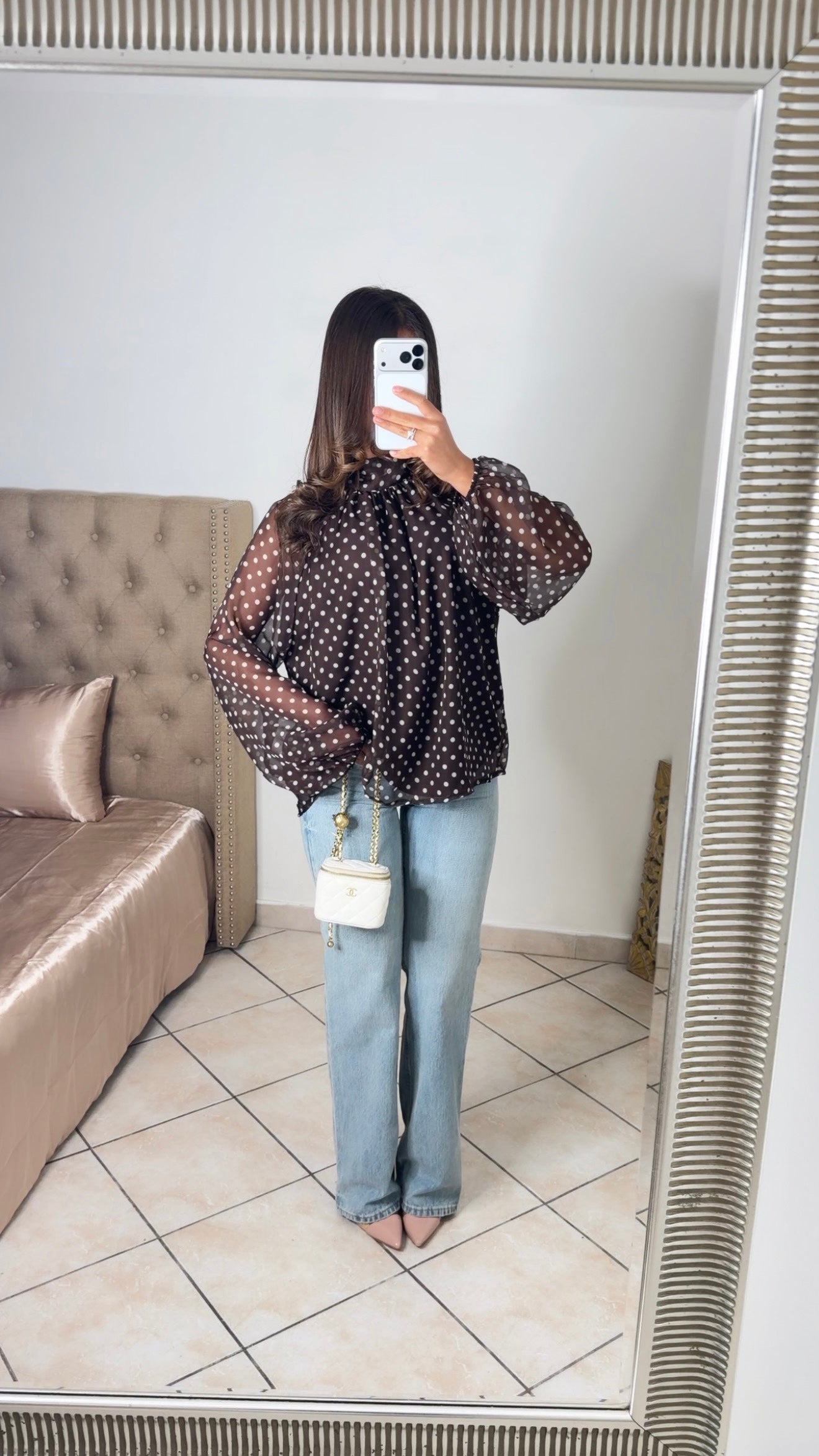 Blouse transparente à pois [MARRON]