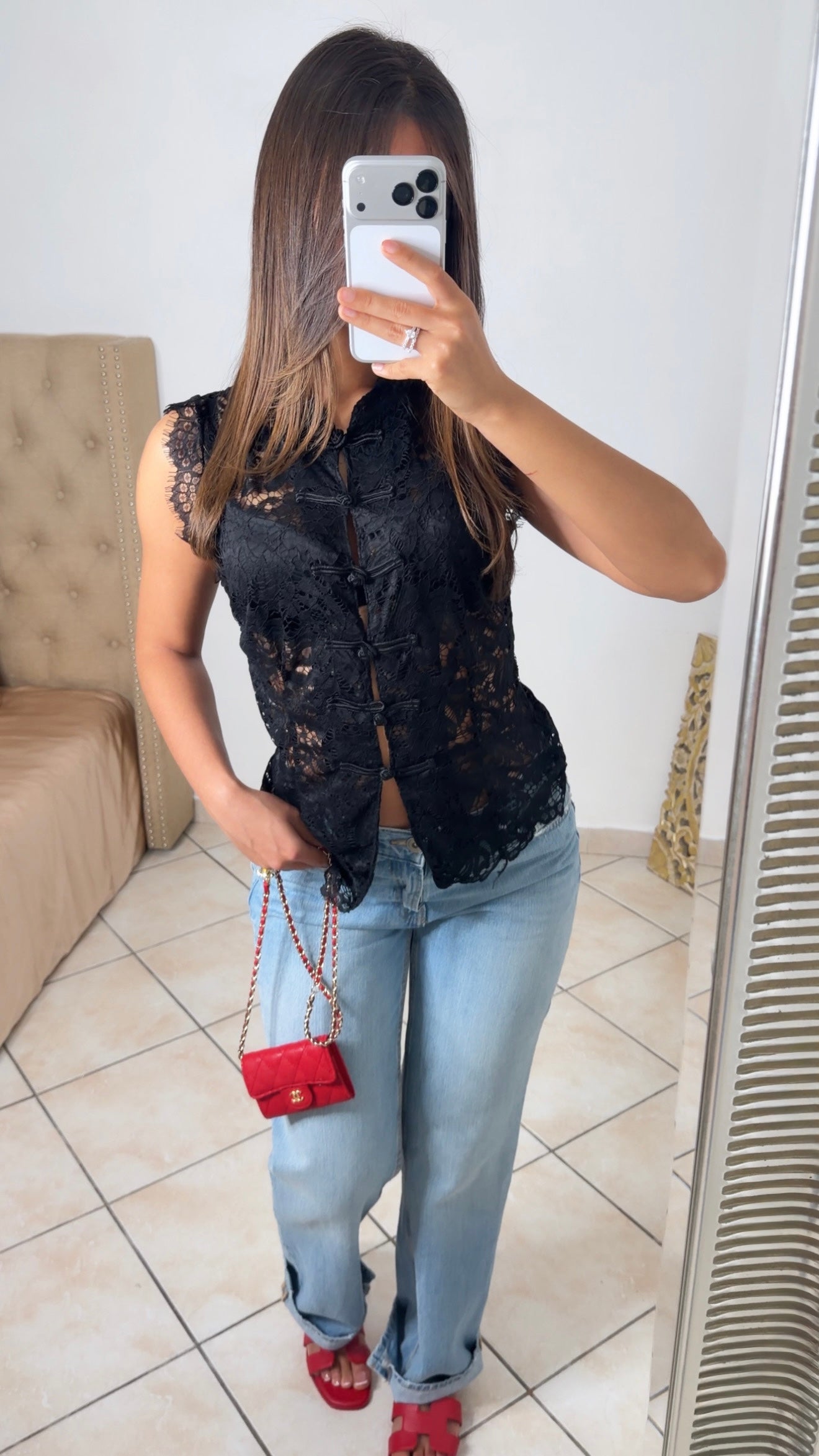 Top style Mao en dentelle transparent [NOIR]