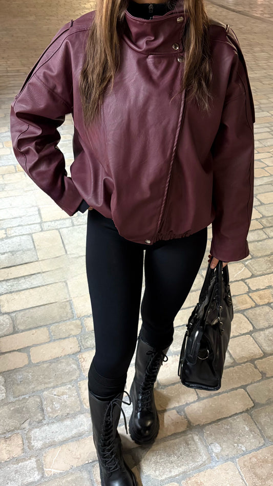 Veste similicuir oversize col montant [PRUNE]