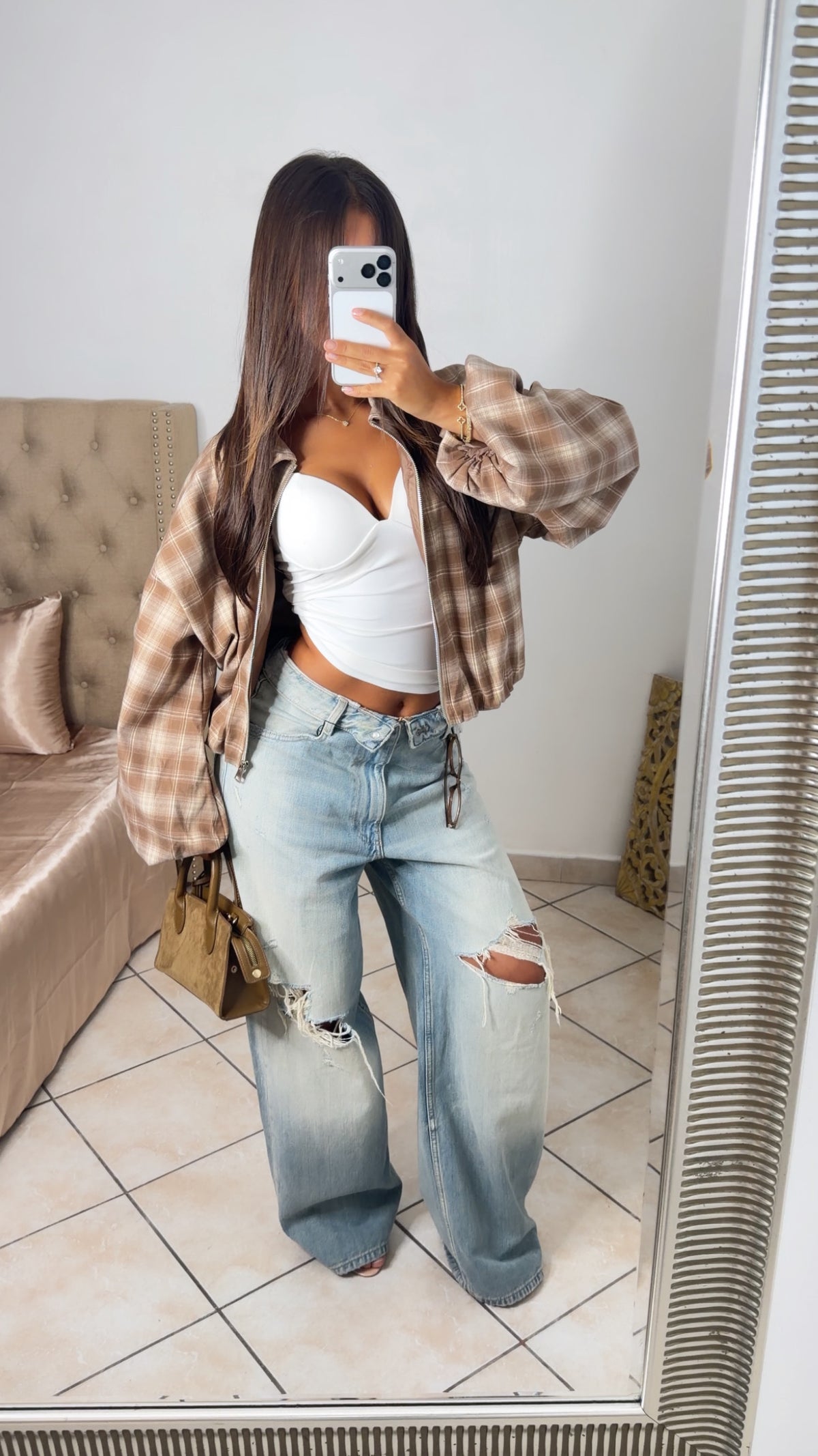 Veste bomber à carreaux manches ballons [BEIGE]