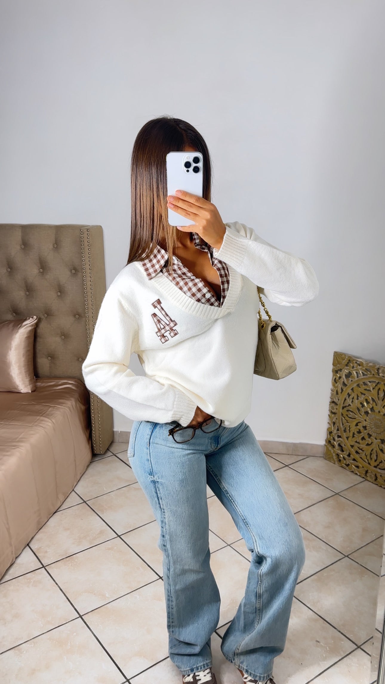 Pull LA avec chemise à carreaux intégrée [CREME]