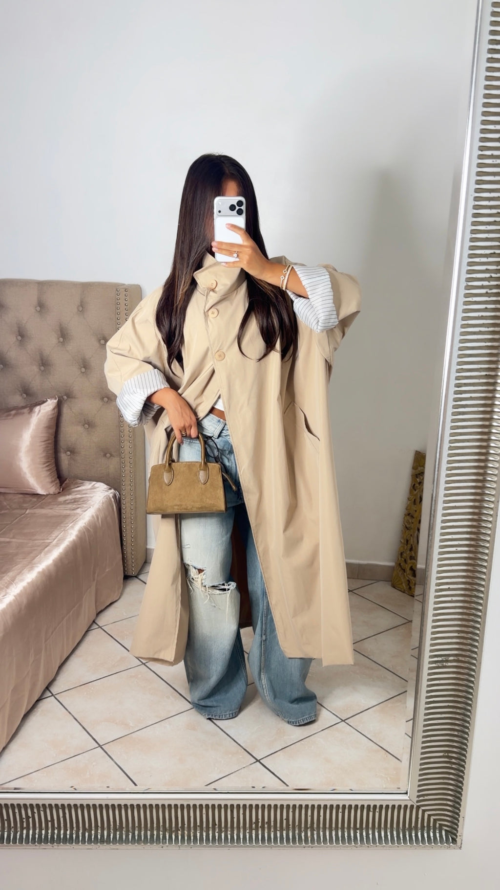 Trench oversize long à revers rayés [BEIGE]
