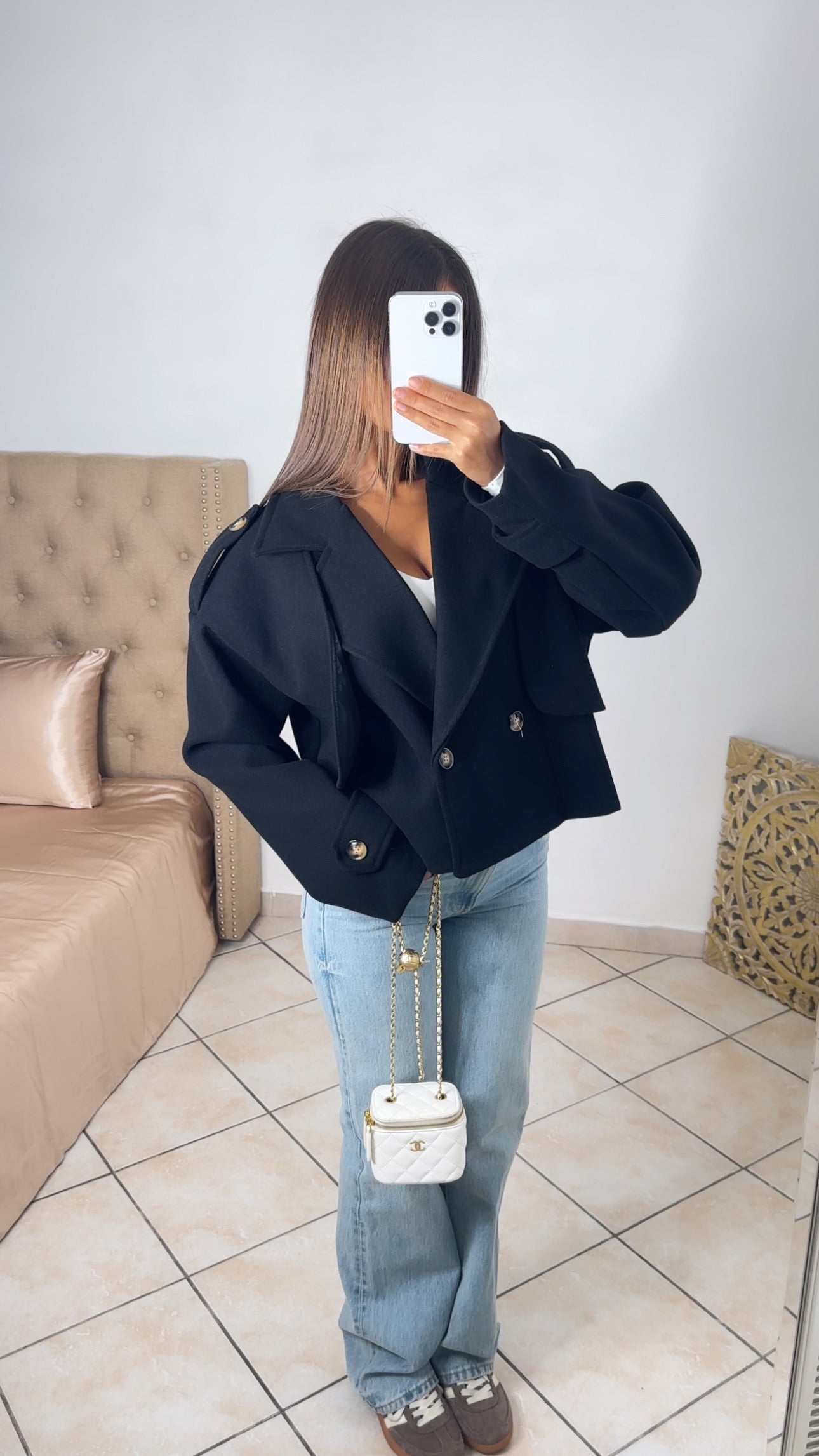 Manteau trench court effet laine [NOIR]
