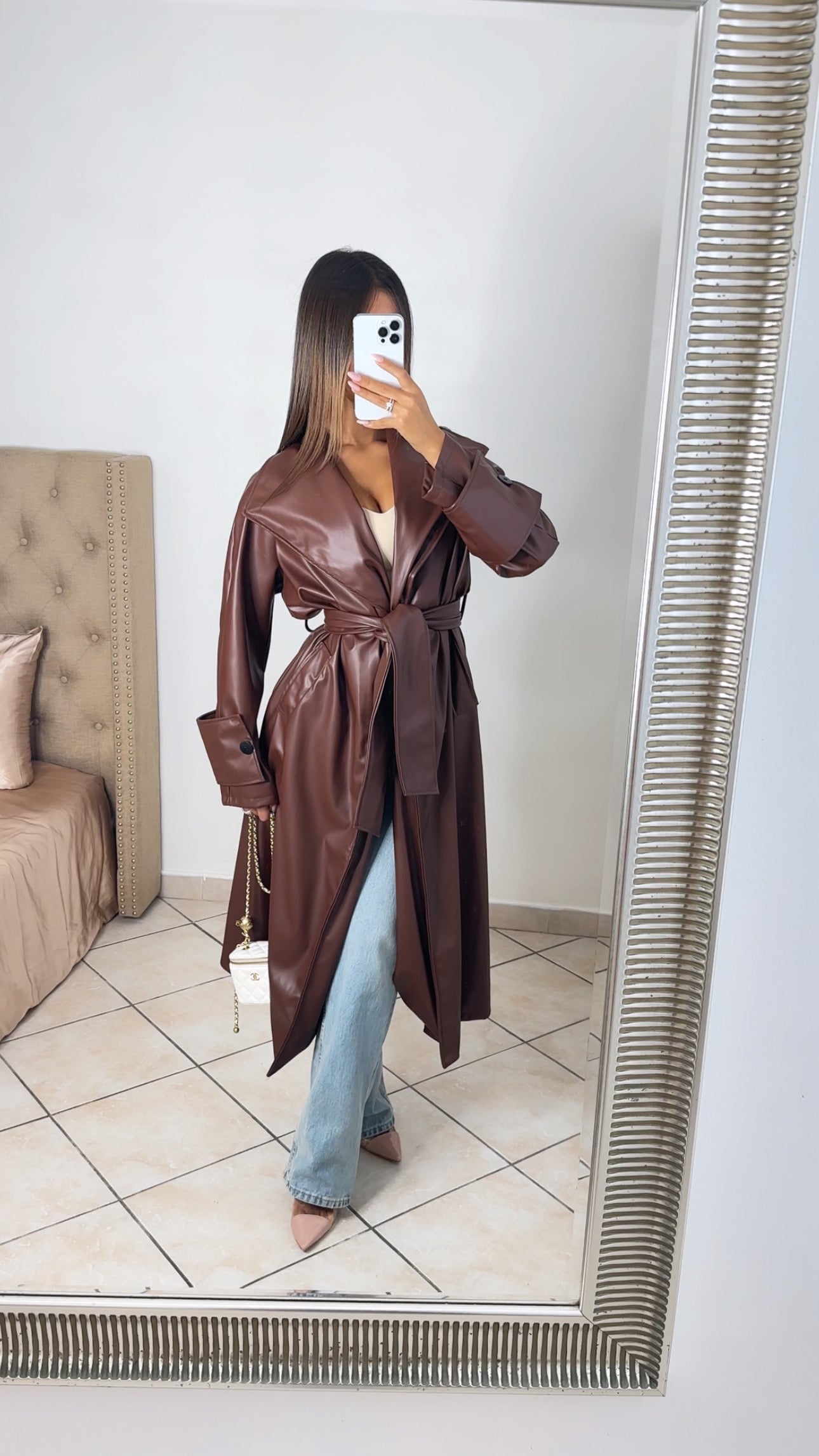 Trench similicuir à revers [MARRON]