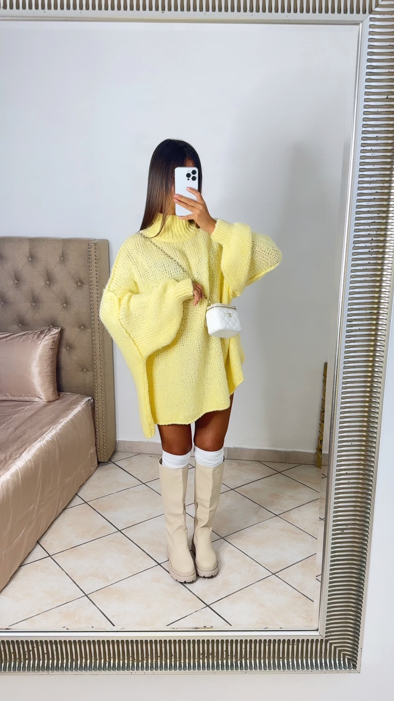 Pull long oversize en maille à col montant [JAUNE]