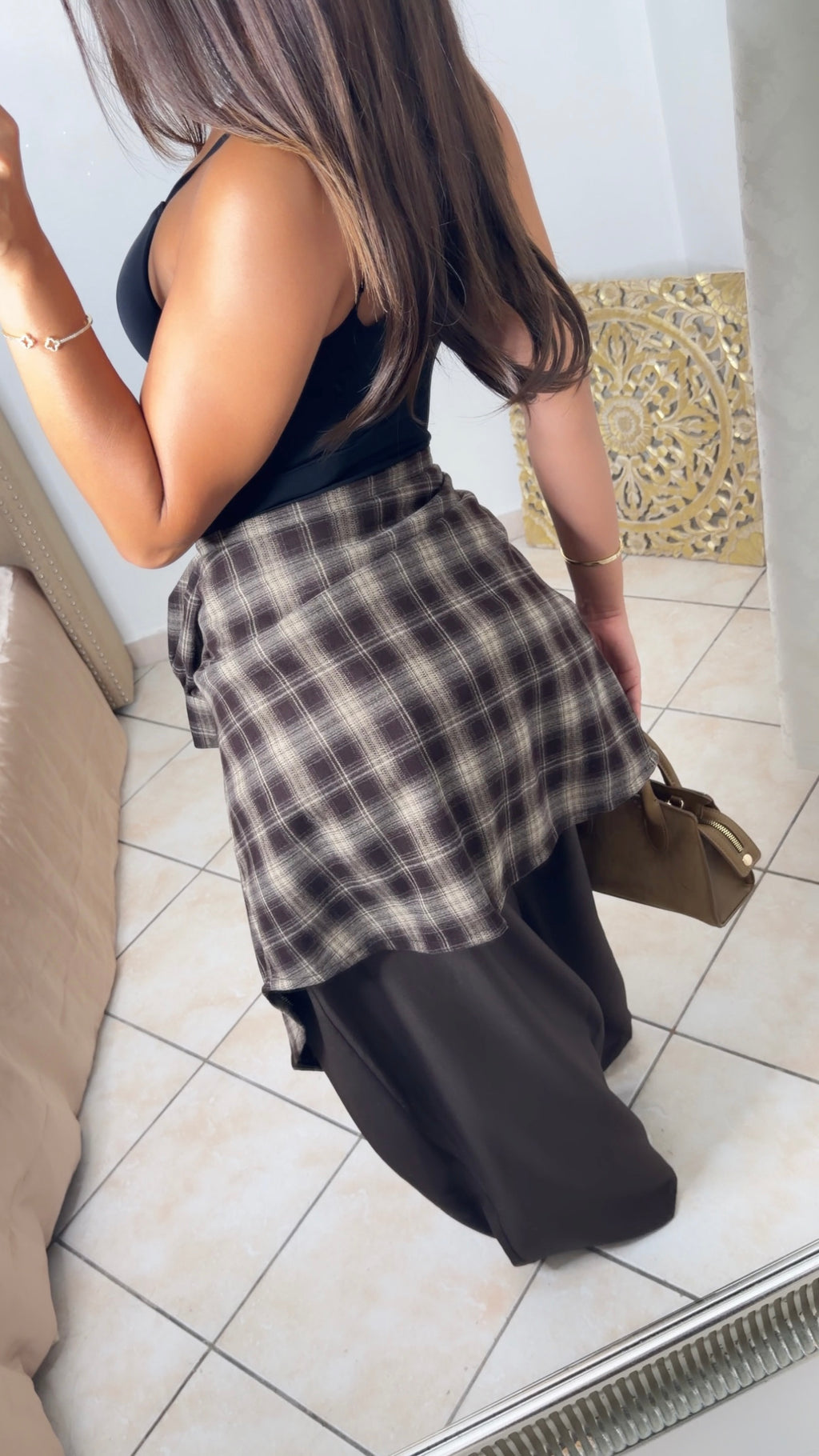 Chemise épaisse oversize longue à carreaux [MARRON]