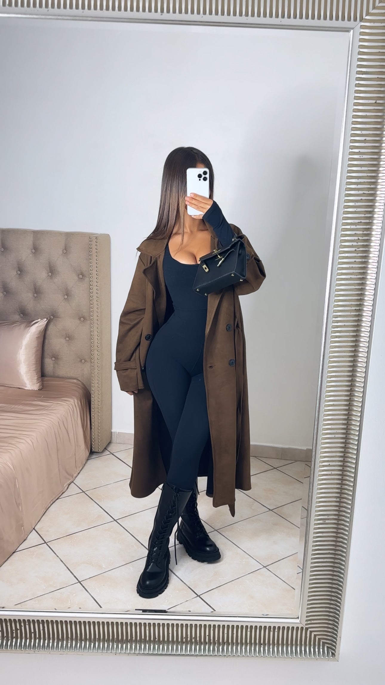 Trench long effet daim [MARRON]