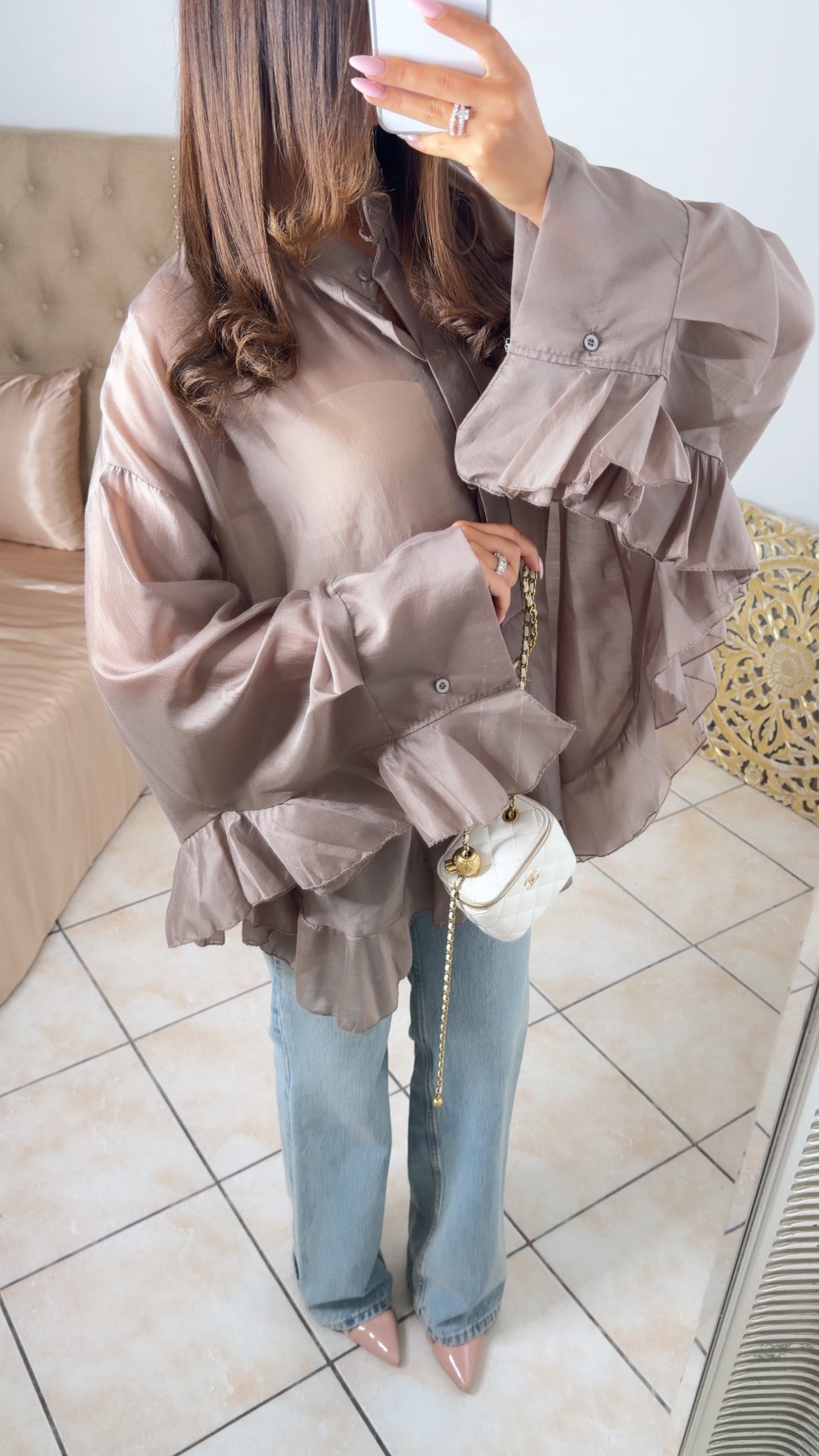 Blouse longue à volants [TAUPE]