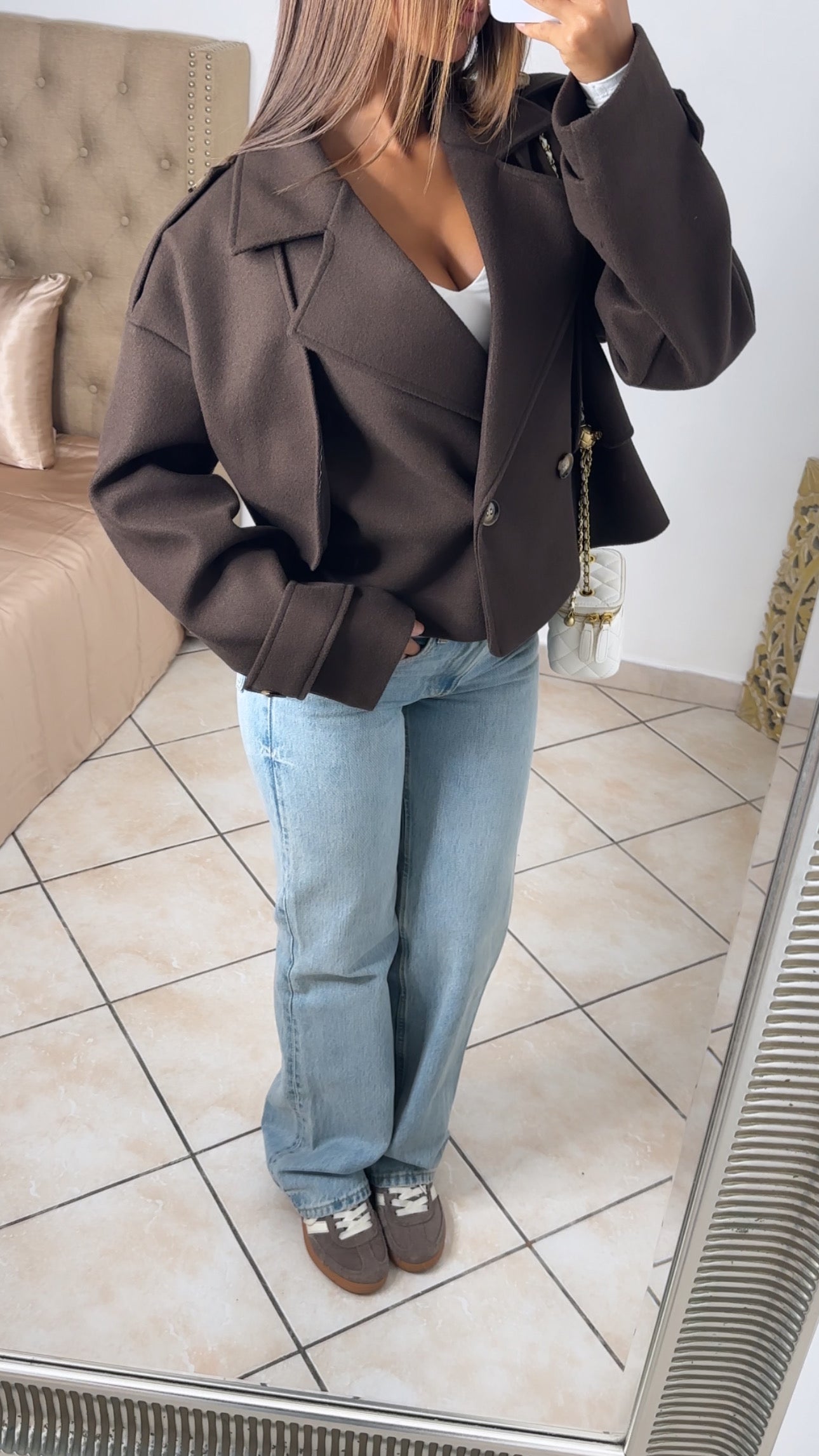 Manteau trench court effet laine [MARRON]