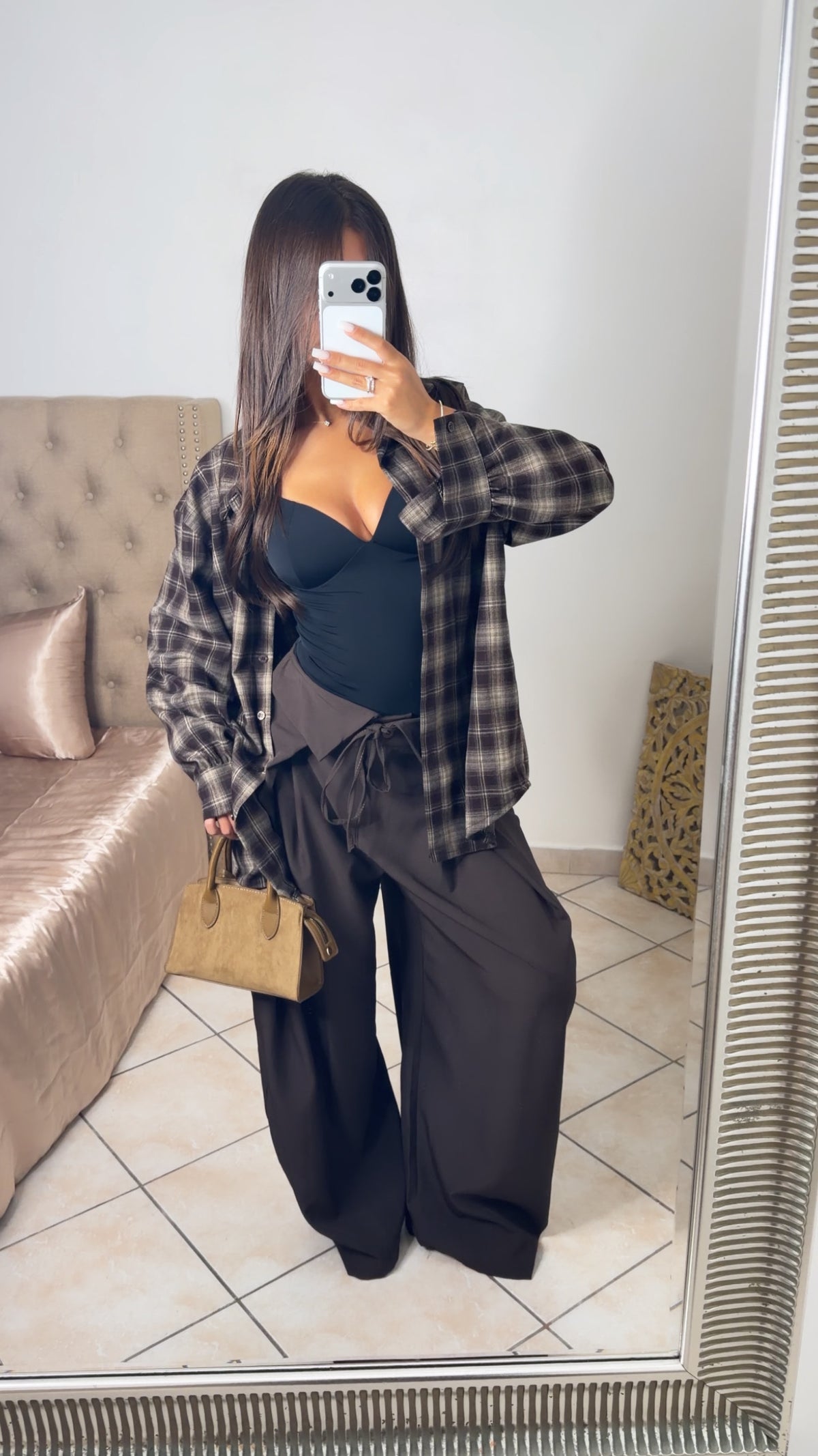 Chemise épaisse oversize longue à carreaux [MARRON]