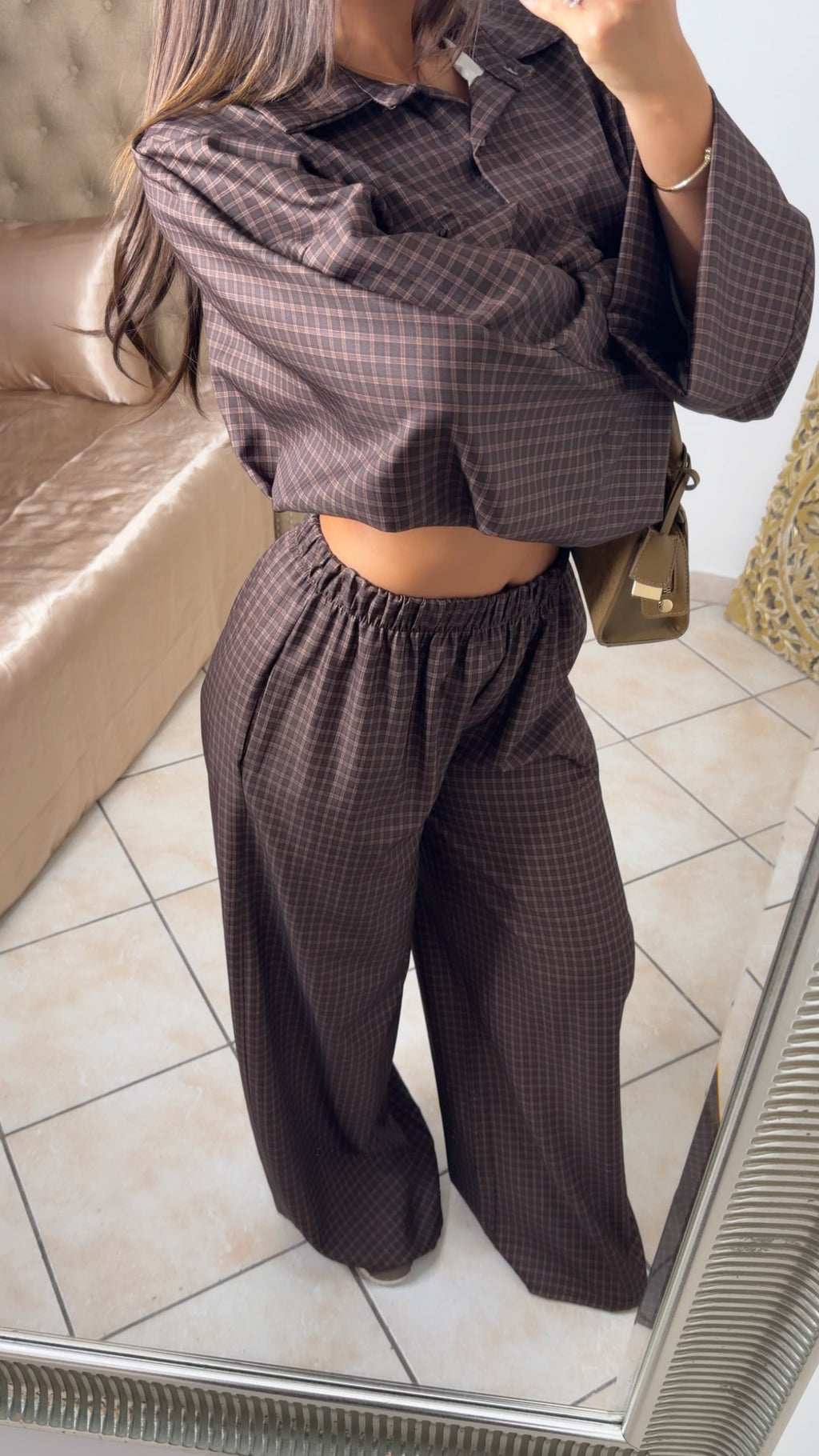 Ensemble chemise oversize longue à carreaux [MARRON]