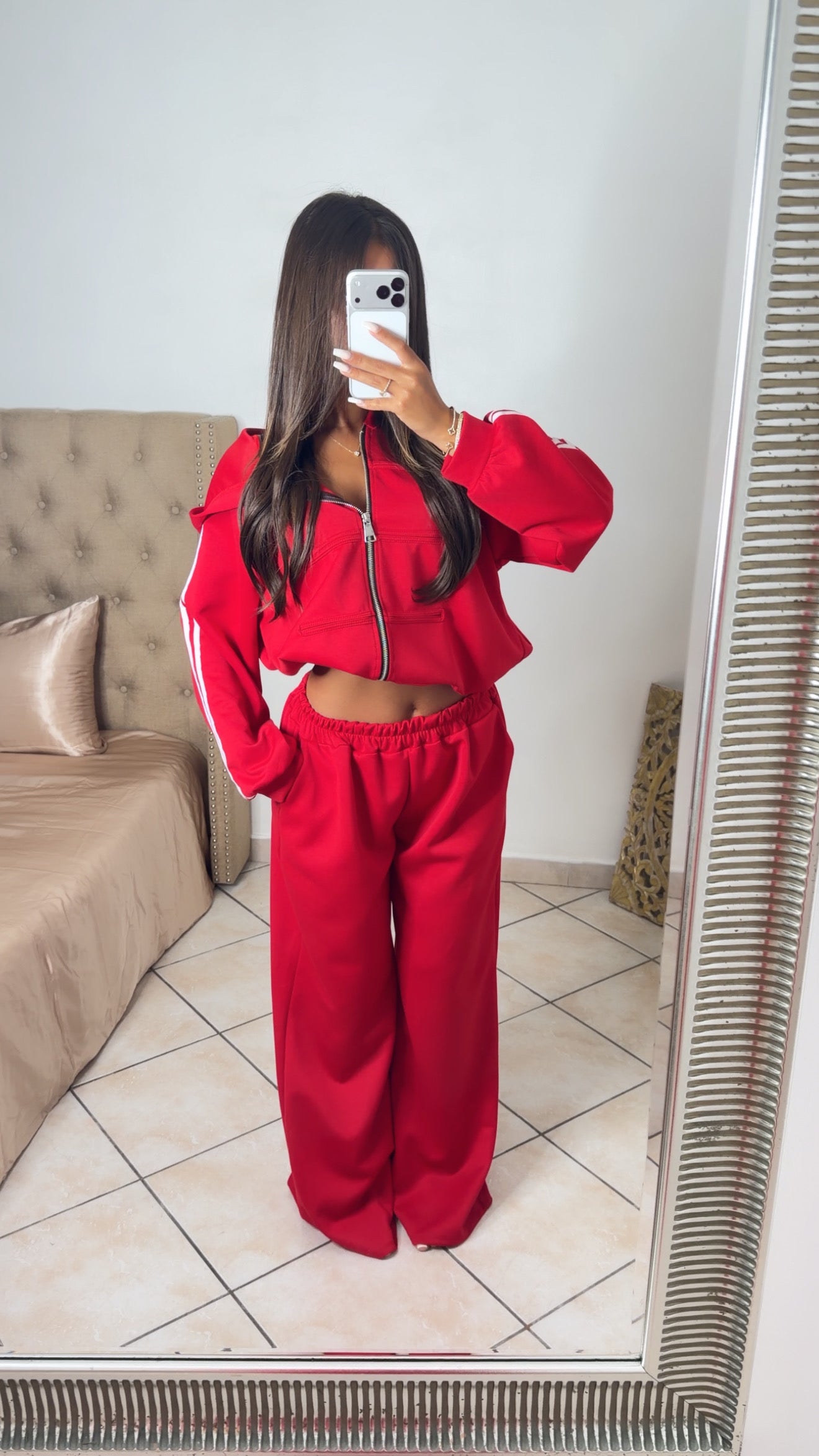 Ensemble sweat zippé détail asiatique et pantalon [ROUGE]