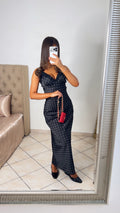 Robe longue satinée à pois et dentelles [NOIR]