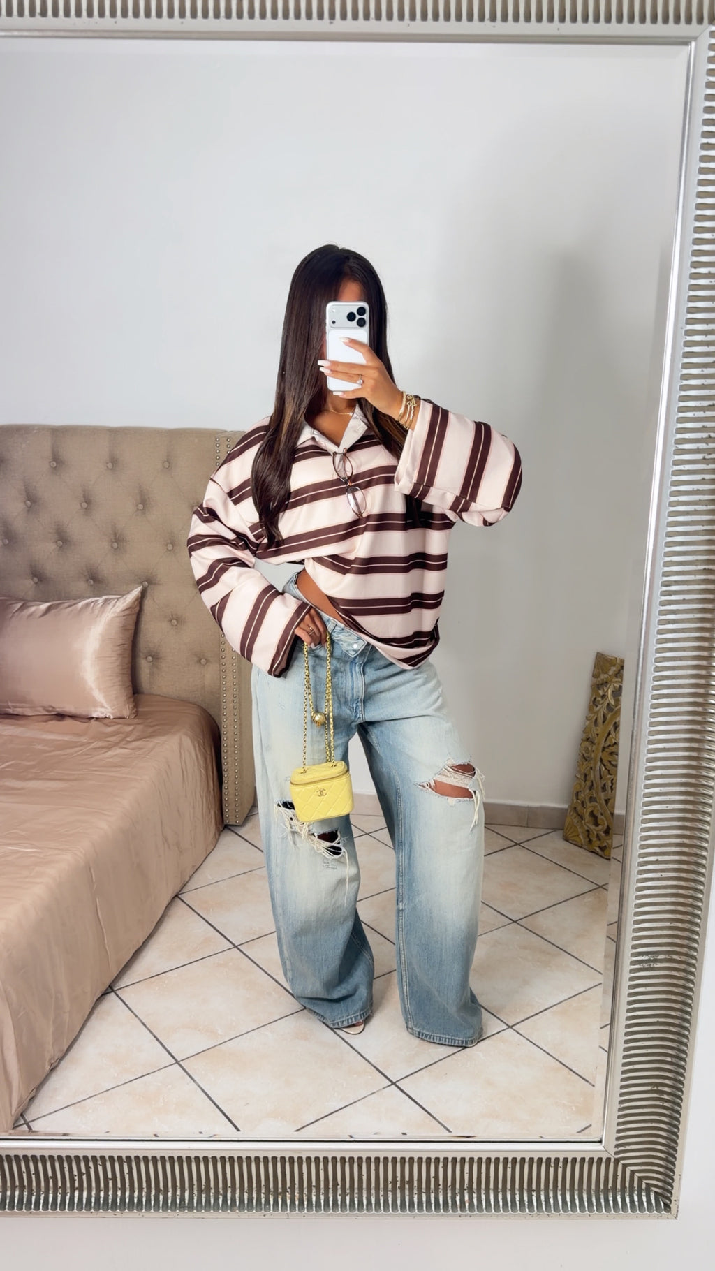 Pull oversize façon polo à rayures [BEIGE]
