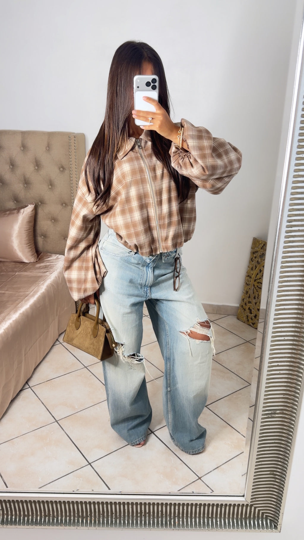 Veste bomber à carreaux manches ballons [BEIGE]