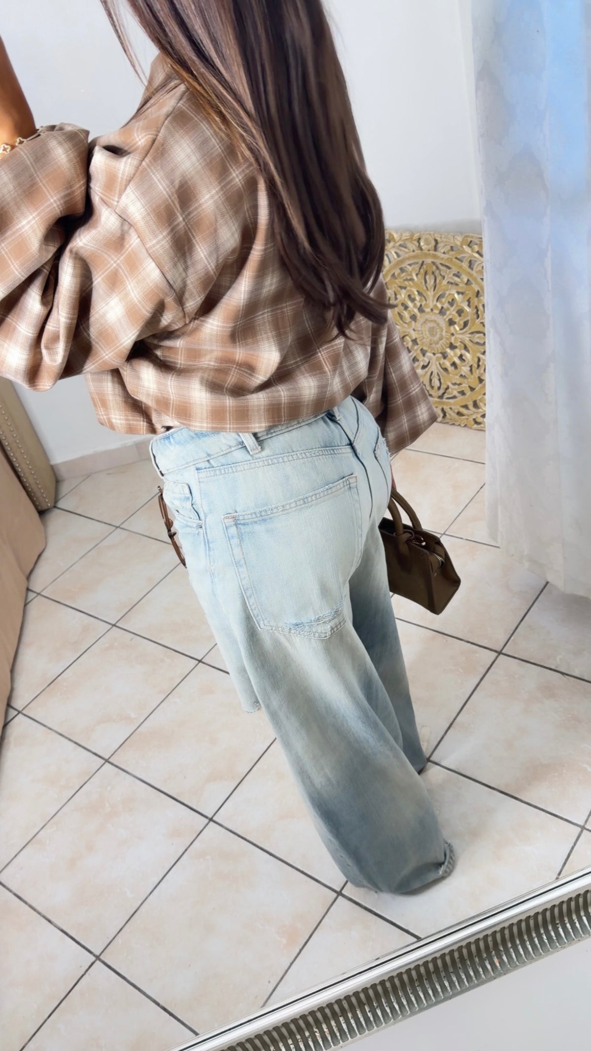 Veste bomber à carreaux manches ballons [BEIGE]