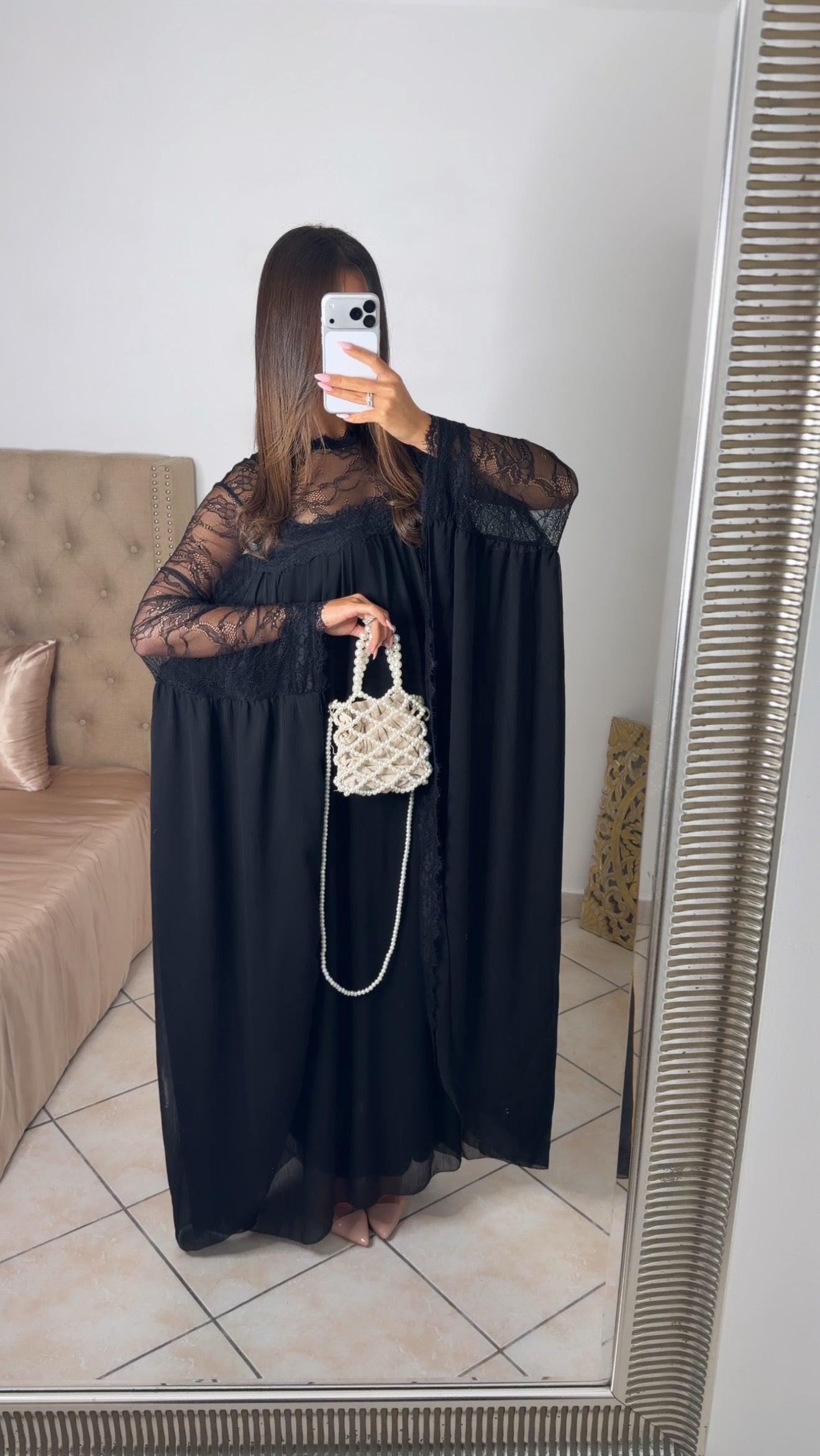 Robe longue à dentelle [NOIR]
