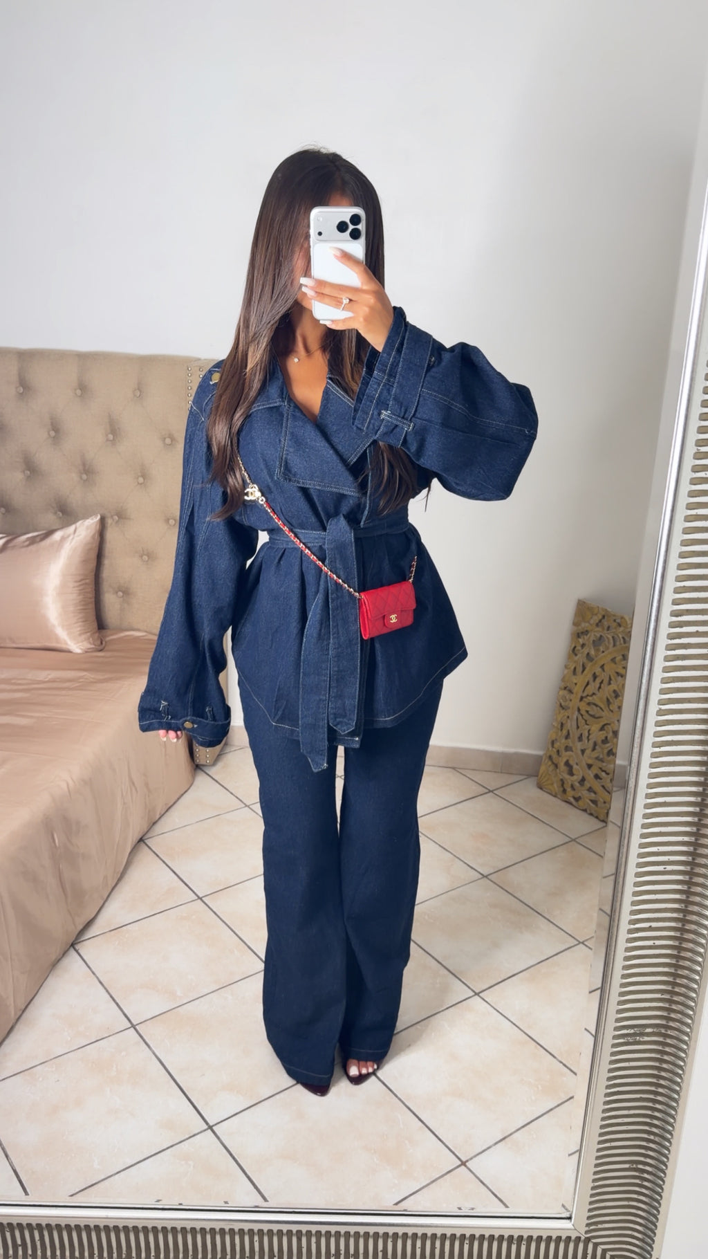 Ensemble veste trench et pantalon droit en jean épais [JEAN BRUT]