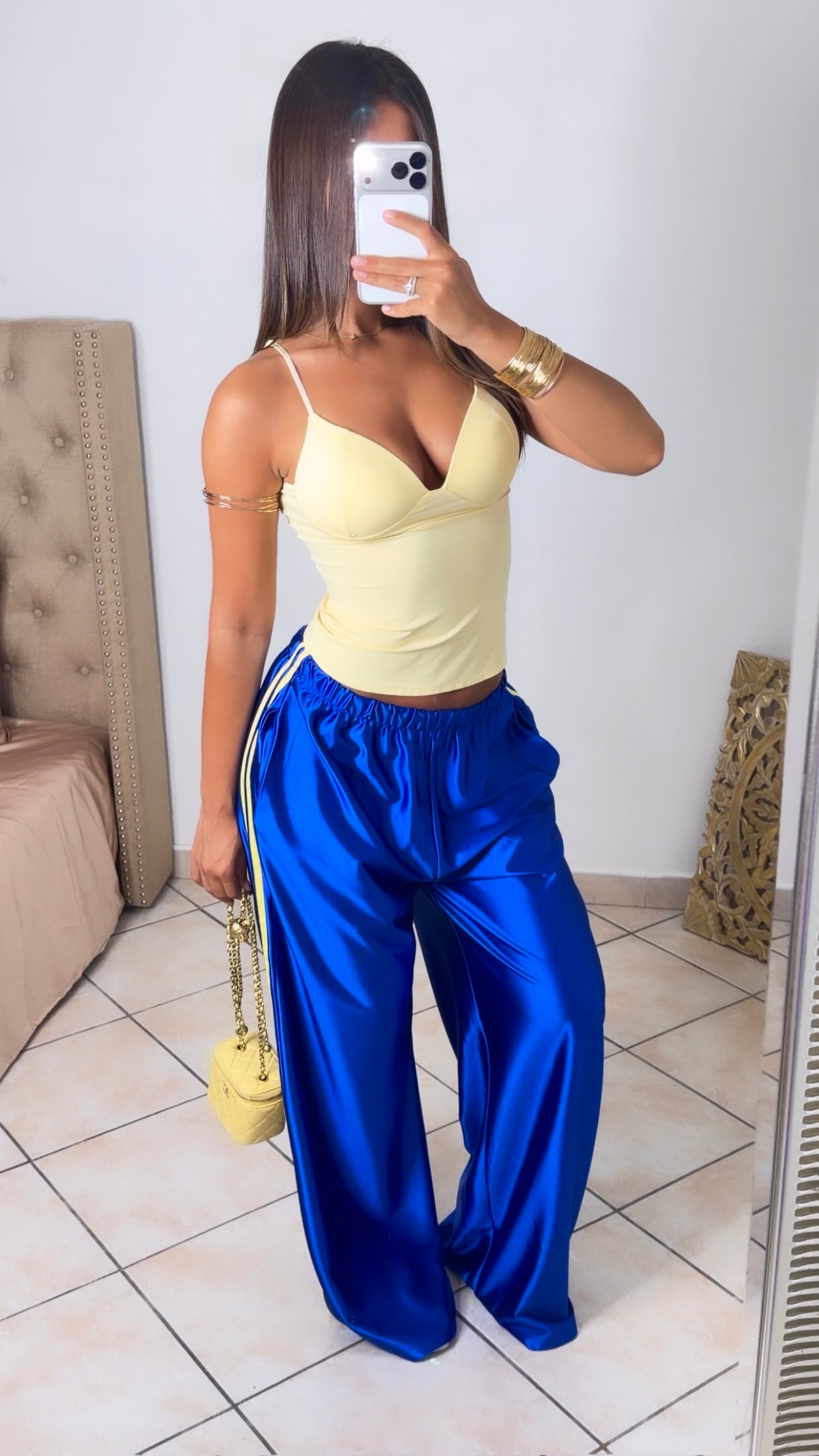 Pantalon satiné à bandes [BLEU]