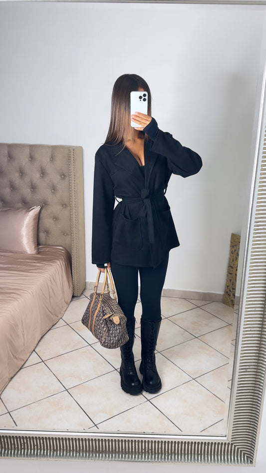 Veste à ceinture effet daim [NOIR]