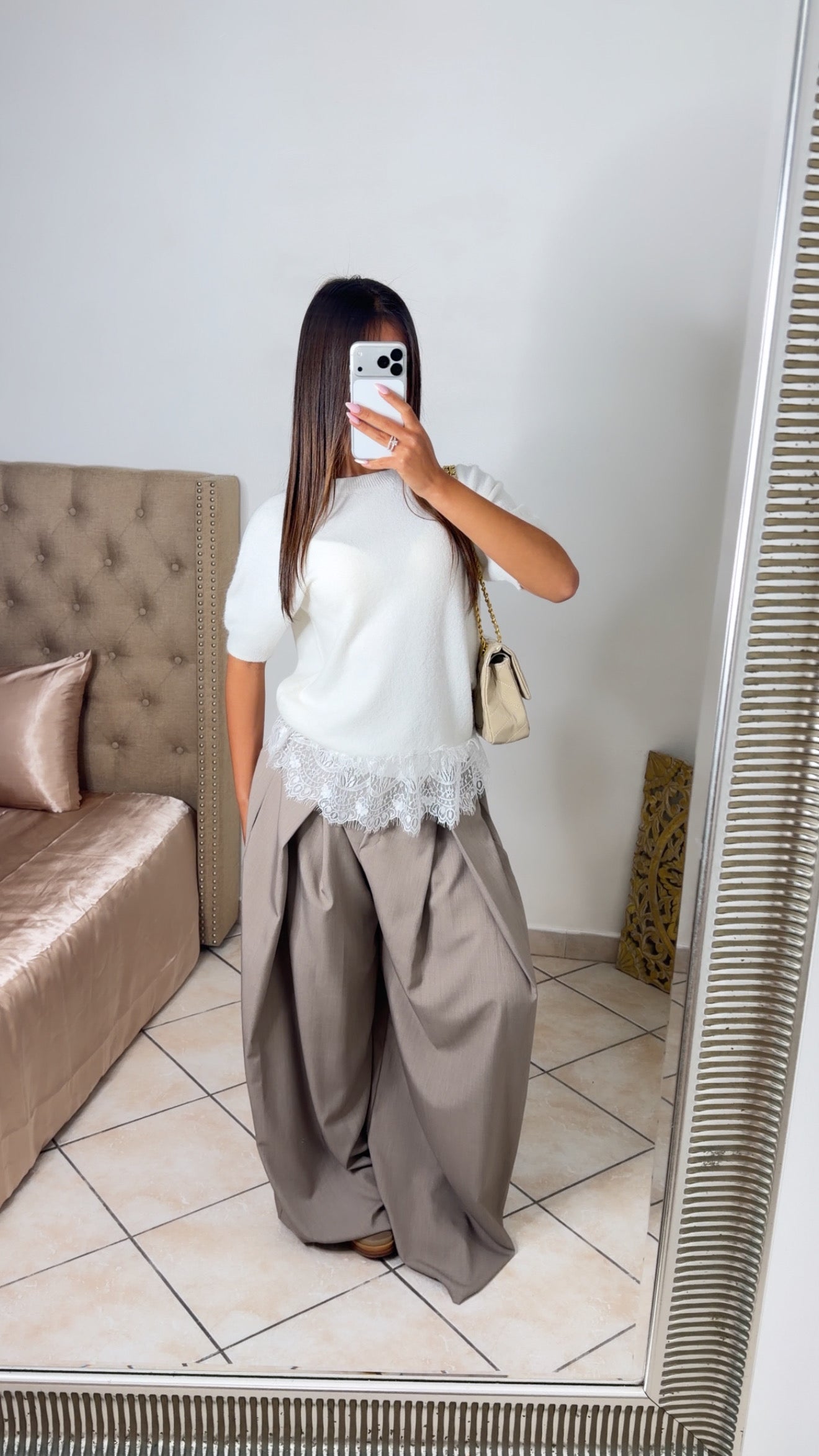 Top en maille douce à détail dentelle [BLANC]