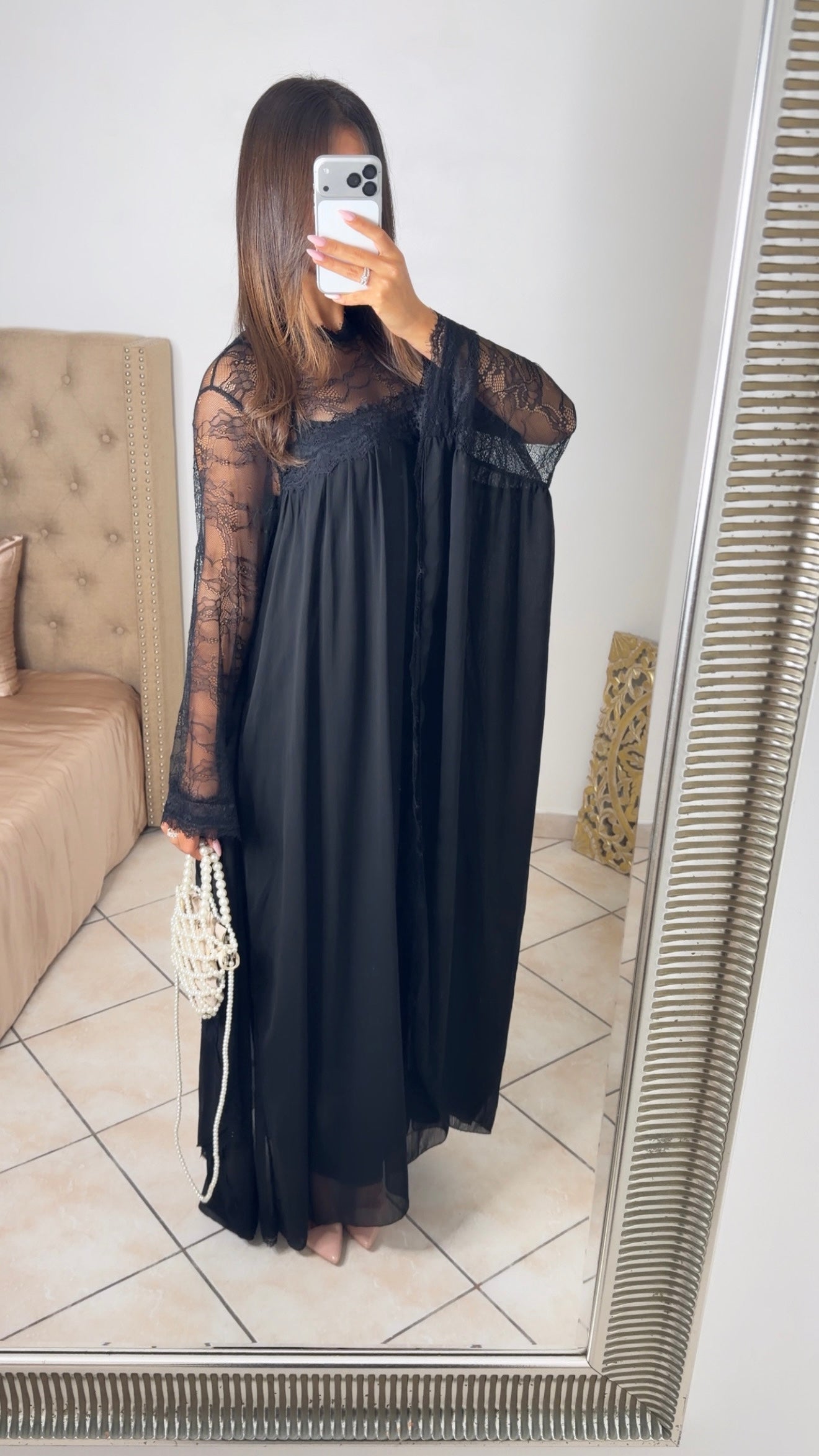 Robe longue à dentelle [NOIR]