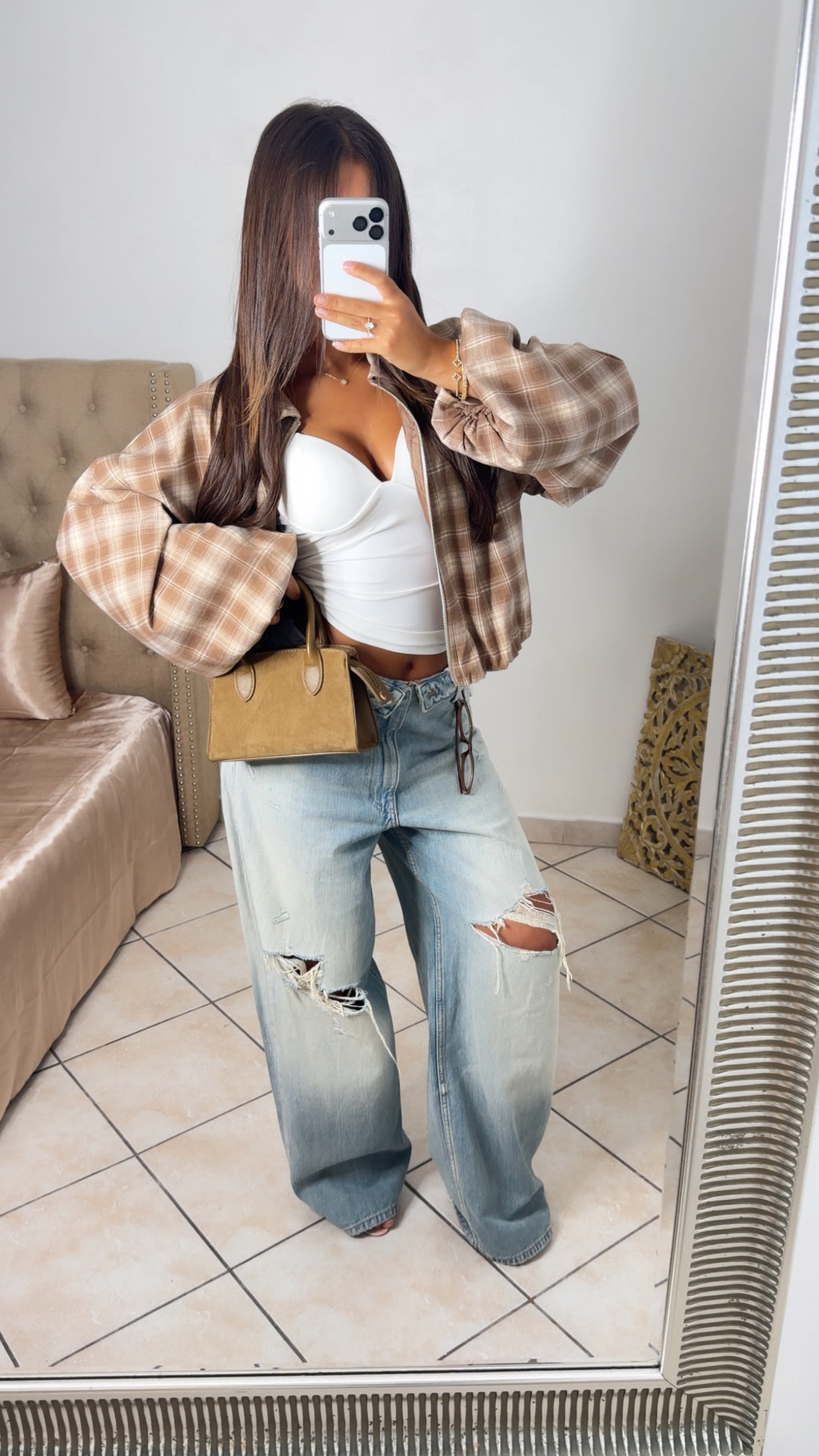 Veste bomber à carreaux manches ballons [BEIGE]