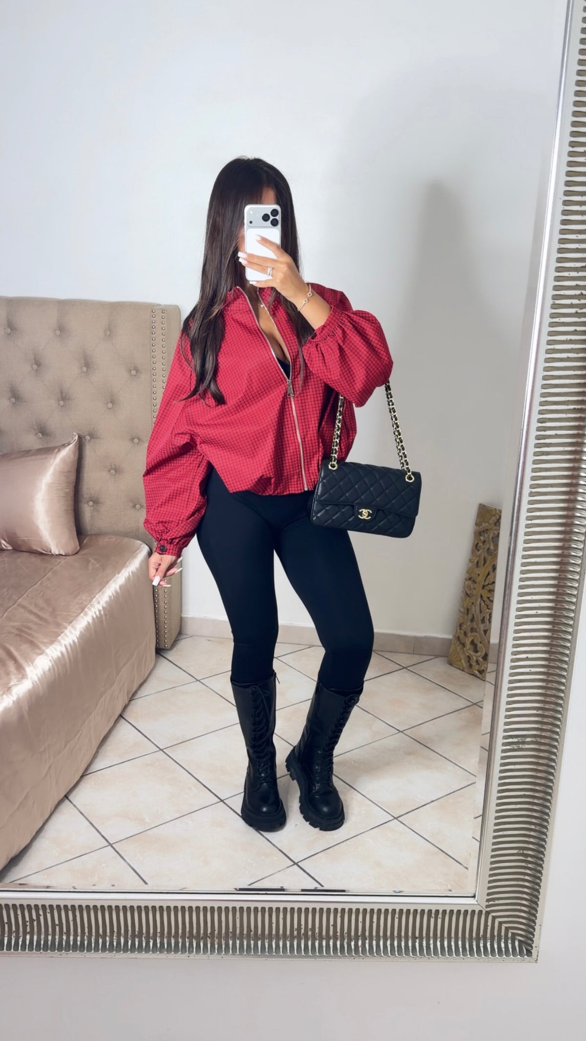 Veste bouffante à carreaux [ROUGE]