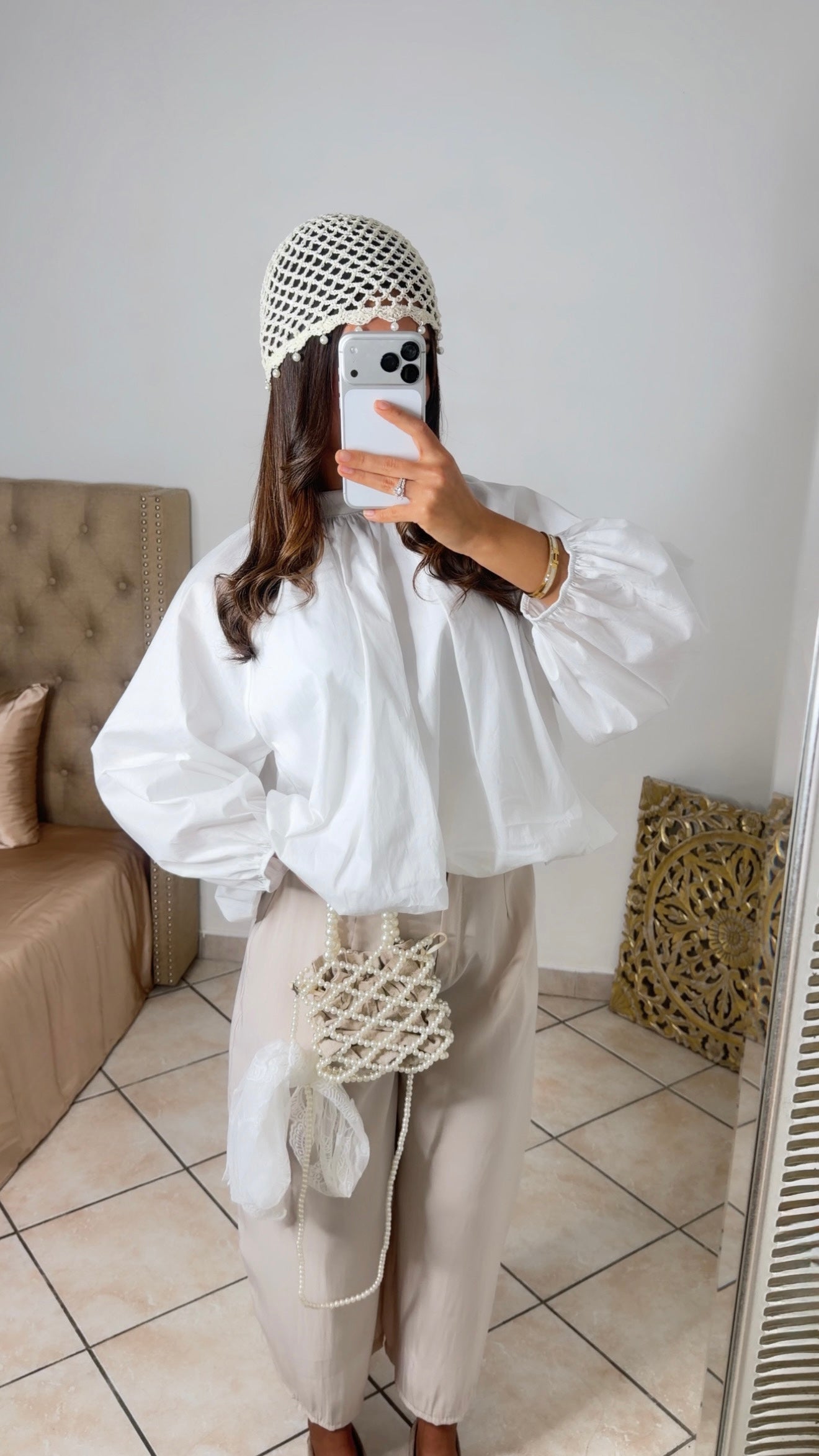 Bonnet crochet perles [CREME]