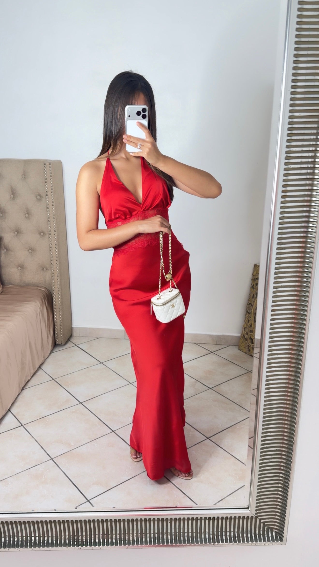 Robe longue satinée à taille en dentelle [ROUGE]