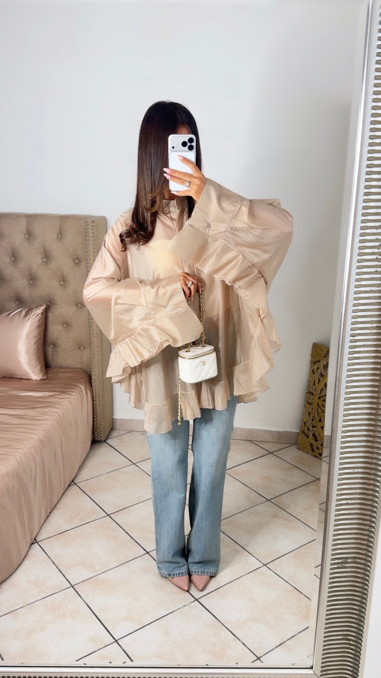 Blouse longue à volants [BEIGE]