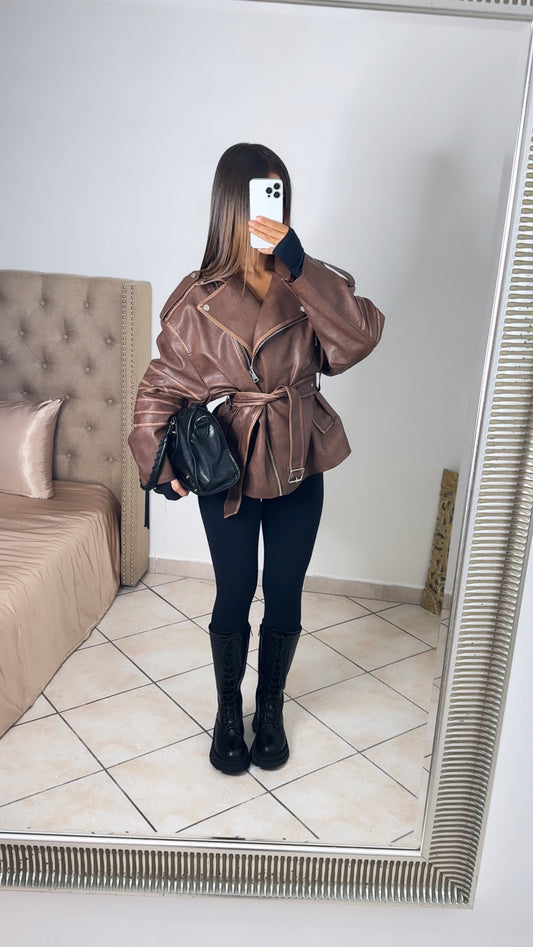 Veste oversize en similicuir à ceinture [MARRON]