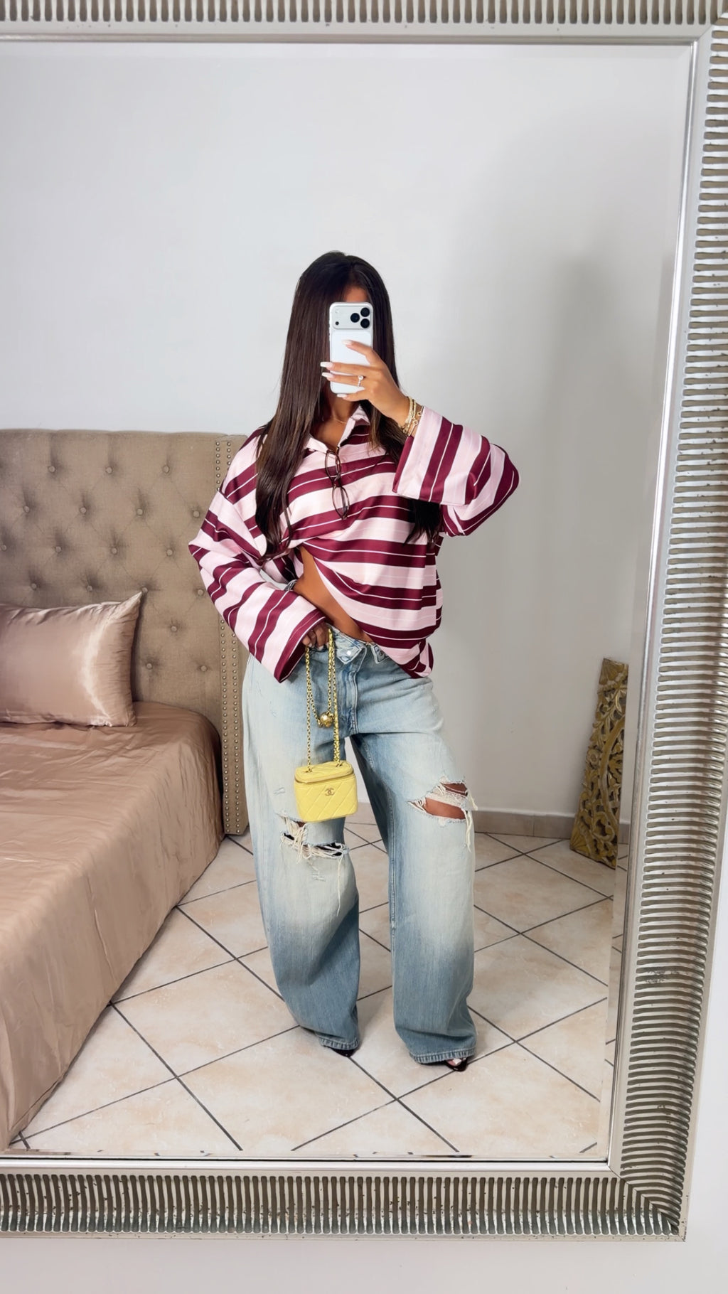 Pull oversize façon polo à rayures [PRUNE]