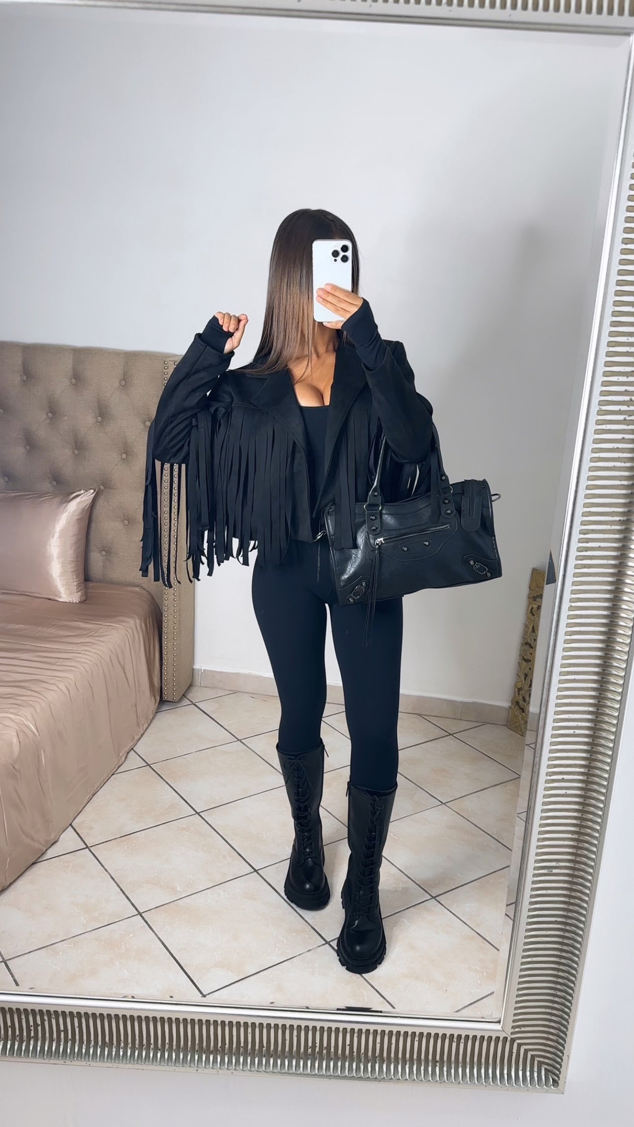 Veste courte à franges effet daim [NOIR]