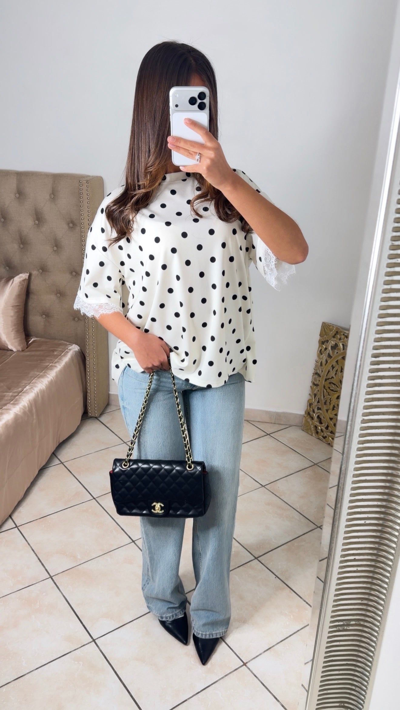 T-shirt dos en dentelle à pois [BLANC]