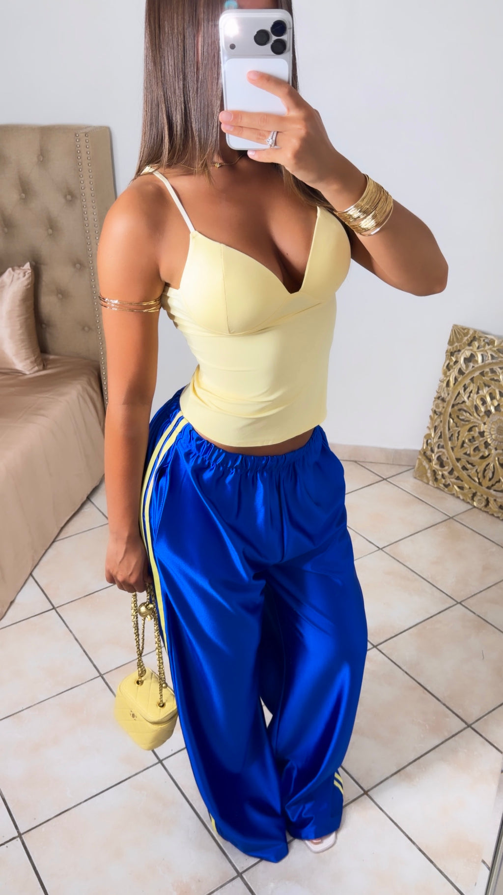 Pantalon satiné à bandes [BLEU]