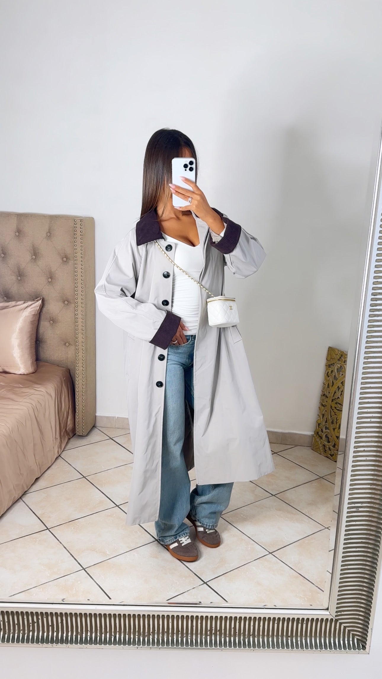 Trench long oversize à revers en daim marron [TAUPE]
