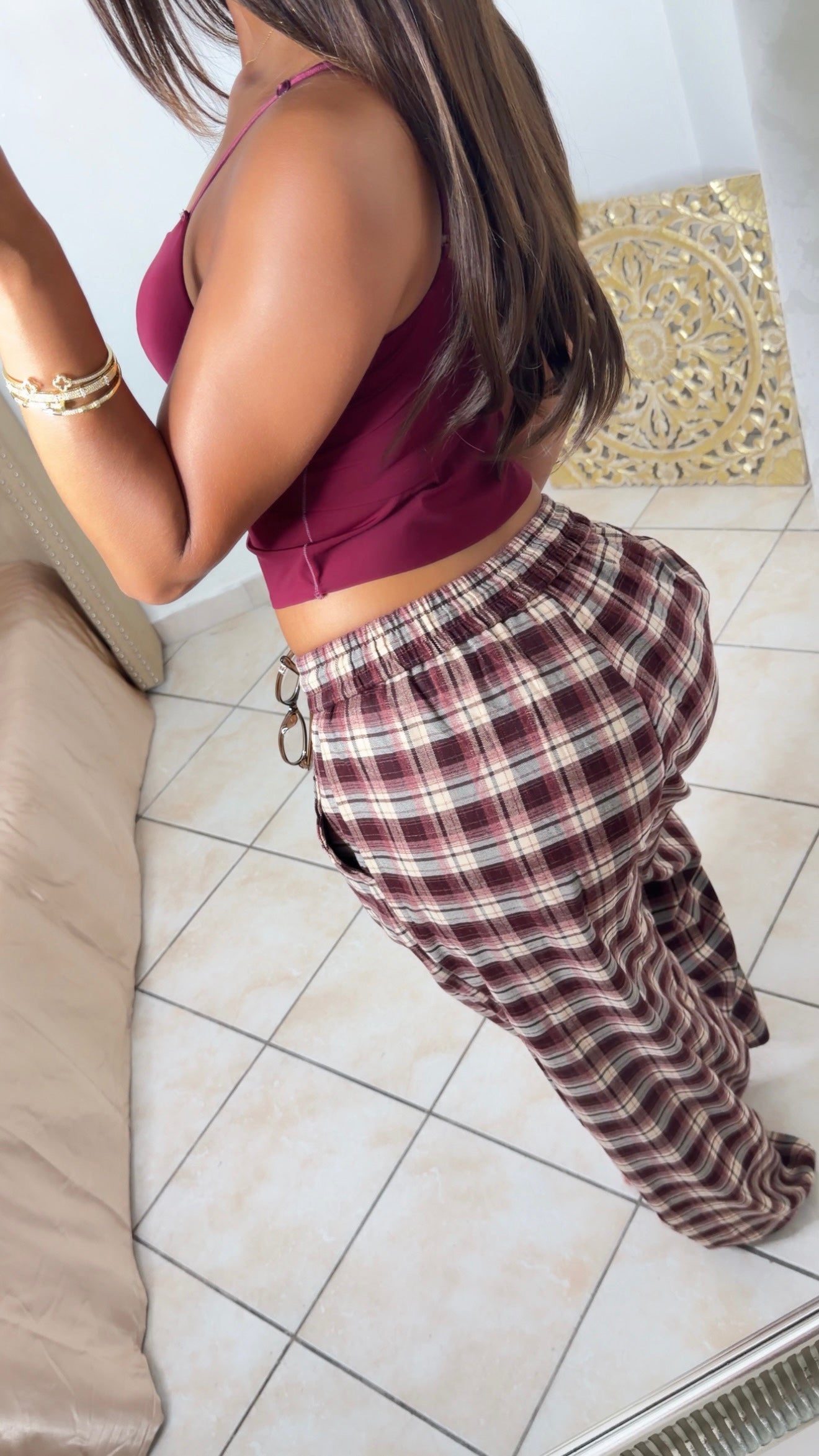 Pantalon à carreaux épais [PRUNE]